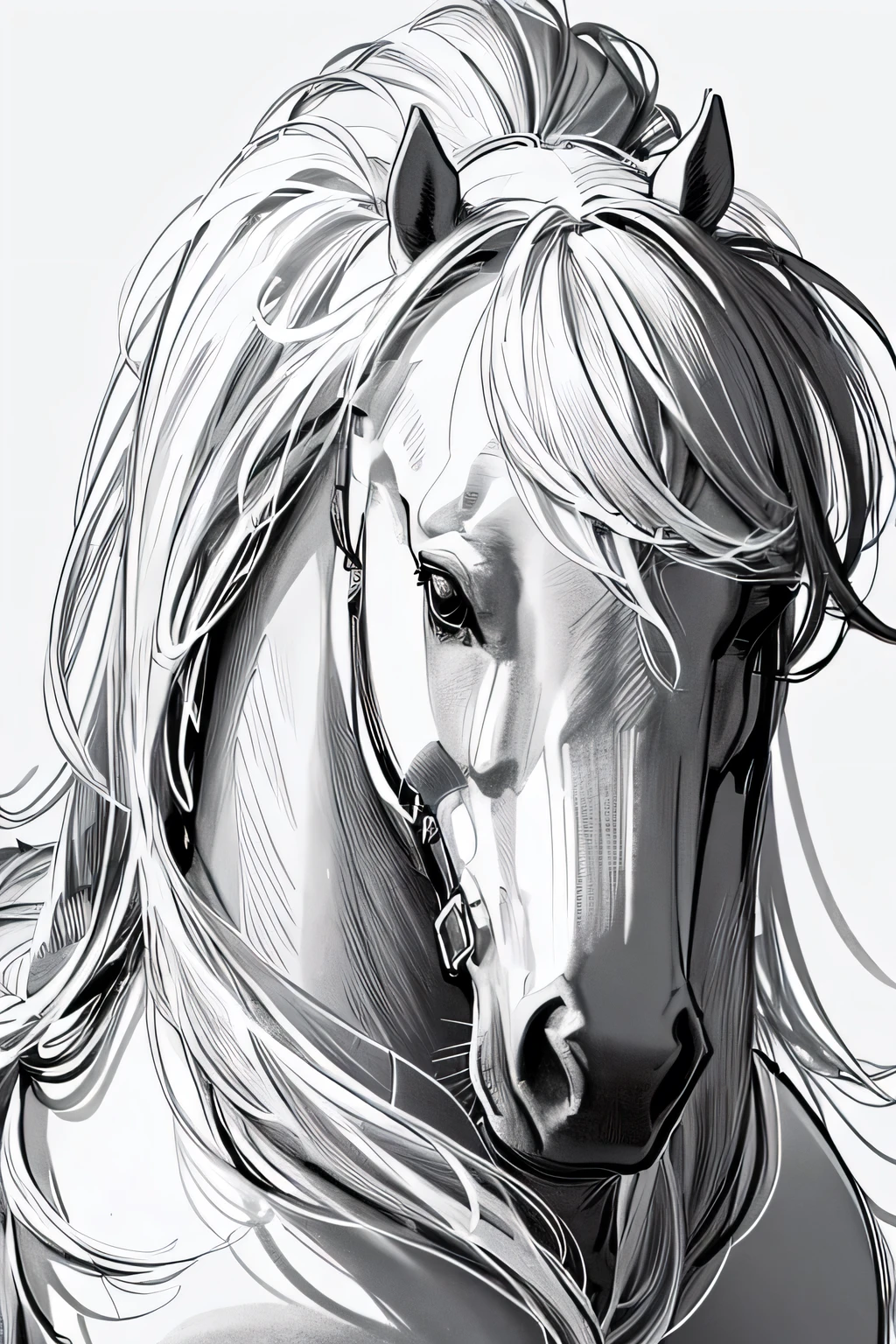 coloring image, fairy tail, horse, stunning beautiful nature all around, crisp and sharp lines, black and white, white background, Hd, 4K, no humans, sketch, children coloring book, coloring image for children, easy