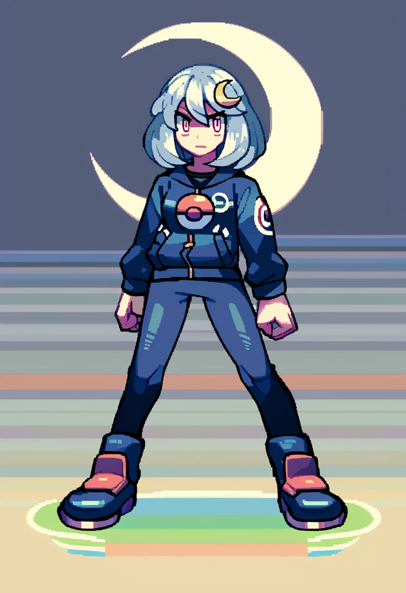 Solaria Moon, a Pokémon trainer protagonist in pixel art style, Pokémon sprite, game freak, by artist Ken Sugimori. He is 16 years old and measures 1.65 meters. Her hair is long and wavy, dark blue with silver reflections, and always wears a gold metal star as an ornament. His eyes are violet with a distinctive glow that reflects his passion for adventure.. He wears a black leather jacket with gold and silver details that simulate constellations. His shirt is dark purple with a crescent moon symbol in the center.. Wear tight pants and tall black leather boots. It is determined, curious, empathic and strategist. Shown full length in a top view sprite (overworld) in a more detailed style.she is a woman