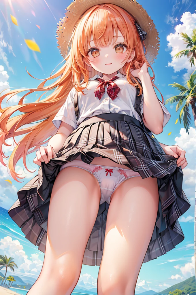 masterpiece, best quality,
 1girl, view from below, 
 (lift up the plaid skirt:1.4), (summer school uniform:1.3), white plain color panties, orange hair, smile, 
 sandy beach,