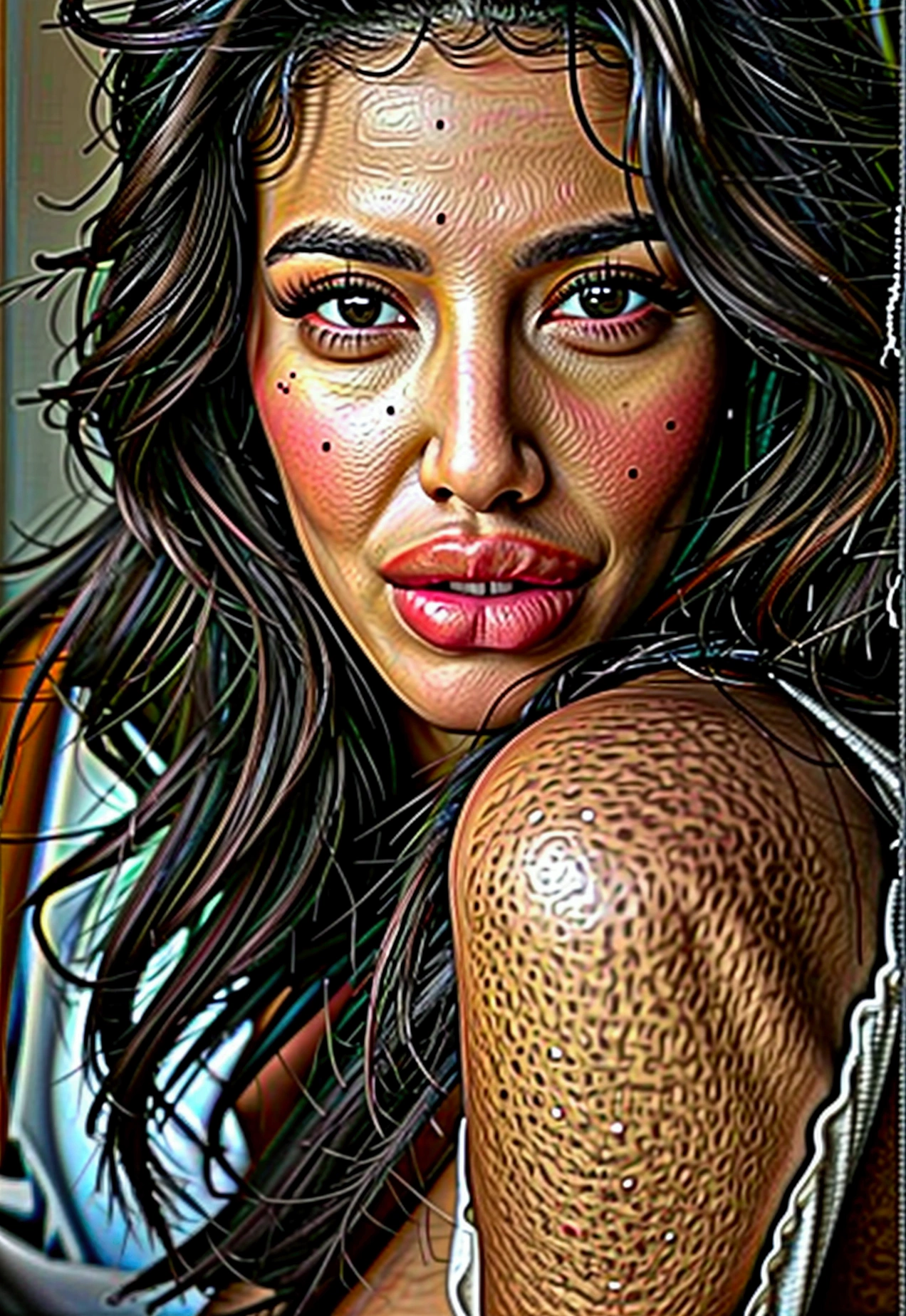 femme latina, peau bronzé, cheveux brun long et ondulé, magnifique, sexy, belle, latina, mbe11ucci, regard sexy, érotique, lumière tamisée, Monica Bellucci, bimbostyletwo, Hand, detailed, perfect, perfection, hands, UnderButt