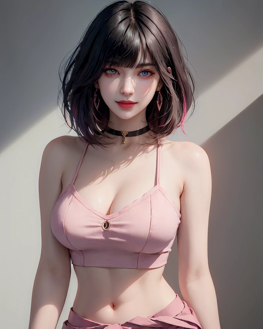 (masterpiece, best quality, (1girl:1.5), solo, intricate details, chromatic aberration), (realistic), (skin), ((breath)), (wavy black hair, bob cut, blunt bangs), detailed hair, red head ornament, blue highlights, hair over one eye, small earrings, sharp eyes, purple eyes, choker, ((pink crop top )), (skirt), open waist, (symmetry eyes), (perfect symmetrical body), night, (((natural light))), backlighting, against grey wall, dim lighting ,look at viewer, ((centered shot, from front,(face and waist))), (large breasts: 1.2), cleavage, smiling