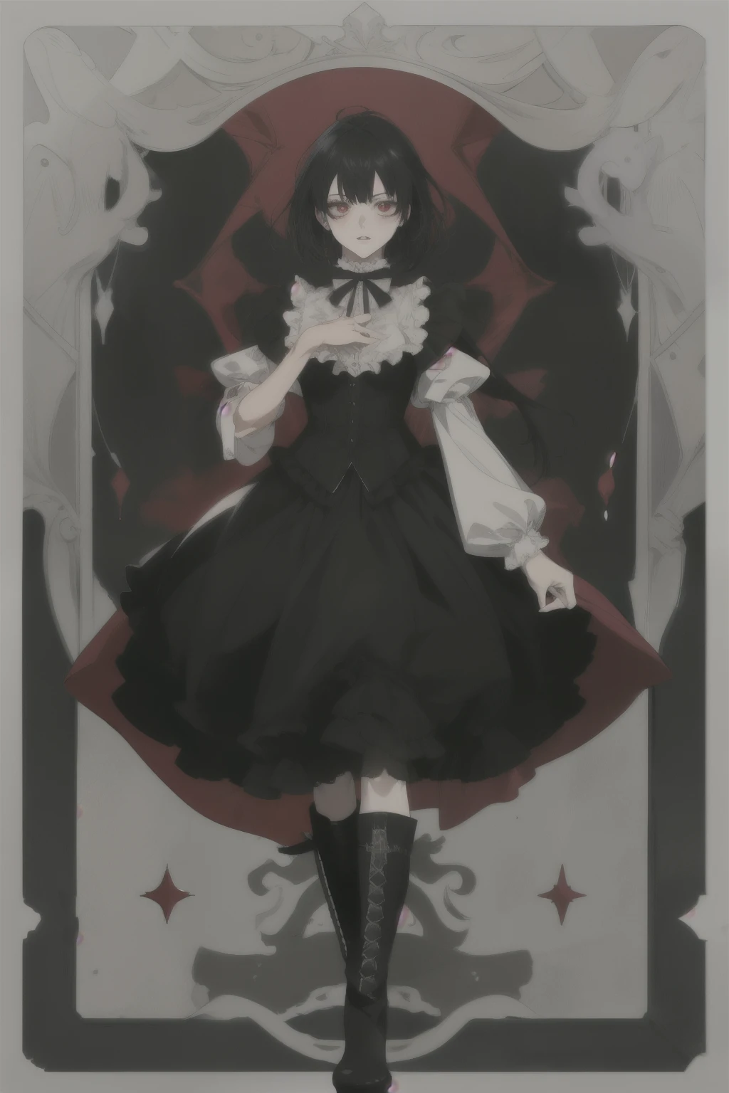 Mature girl, anime female character, short black hair, bangs, red eyes, vest, boots, full body shot, pose, elegant, bangs, ouji fashion, "Black Butler" inspired outfit., anime, Gothic art, anime, Gothic art, masterpiece, anatomically correct, accurate, high details, highres, 4K, 8K, highres, 1080P, super detail, masterpiece, anatomically correct