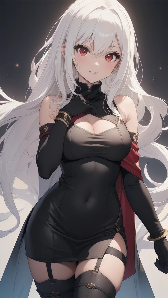 masterpiece, best quality, 1 solo girl, white hair, red eyes, long hair, medium breasts, sexy body and face, wavy hair, smile, parted lips, gradient clothes, dress, elbow gloves, sleeveless, bare shoulders, cape,boots, bracelet, sleeveless dress, ribbon, black gloves, turtleneck, short dress, pantyhose, black footwear, night, sexy pose, cowboy shots, detailed body, face, and eyes, sharp focus, vibrant, creative, dynamic, high definition, high resolution, 8k, (Upscale: R-ESRGAN 4x+ Anime6mage enchance:4x), voluptuous body, cinema lightning, dakimakura style, looking at the viewer,