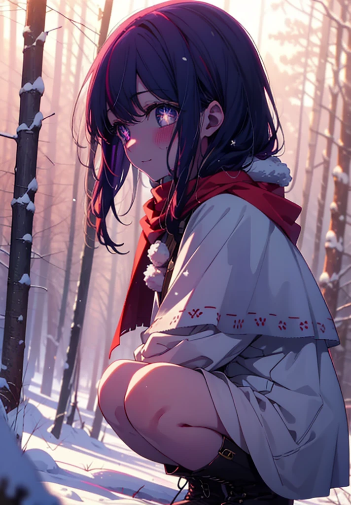 aihoshino, Ai Hoshino, Long Hair, bangs, (Purple eyes:1.1), Purple Hair, (Symbol-shaped pupil:1.5), smile,,smile,blush,White Breath,
Open your mouth,snow,Ground bonfire, Outdoor, boots, snowing, From the side, wood, suitcase, Cape, Blurred, , forest, White handbag, nature,  Squat, Mouth closed, Cape, winter, Written boundary depth, Black shoes, red Cape break looking at viewer, Upper Body, whole body, break Outdoor, forest, nature, break (masterpiece:1.2), Highest quality, High resolution, unity 8k wallpaper, (shape:0.8), (Beautiful and beautiful eyes:1.6), Highly detailed face, Perfect lighting, Extremely detailed CG, (Perfect hands, Perfect Anatomy),