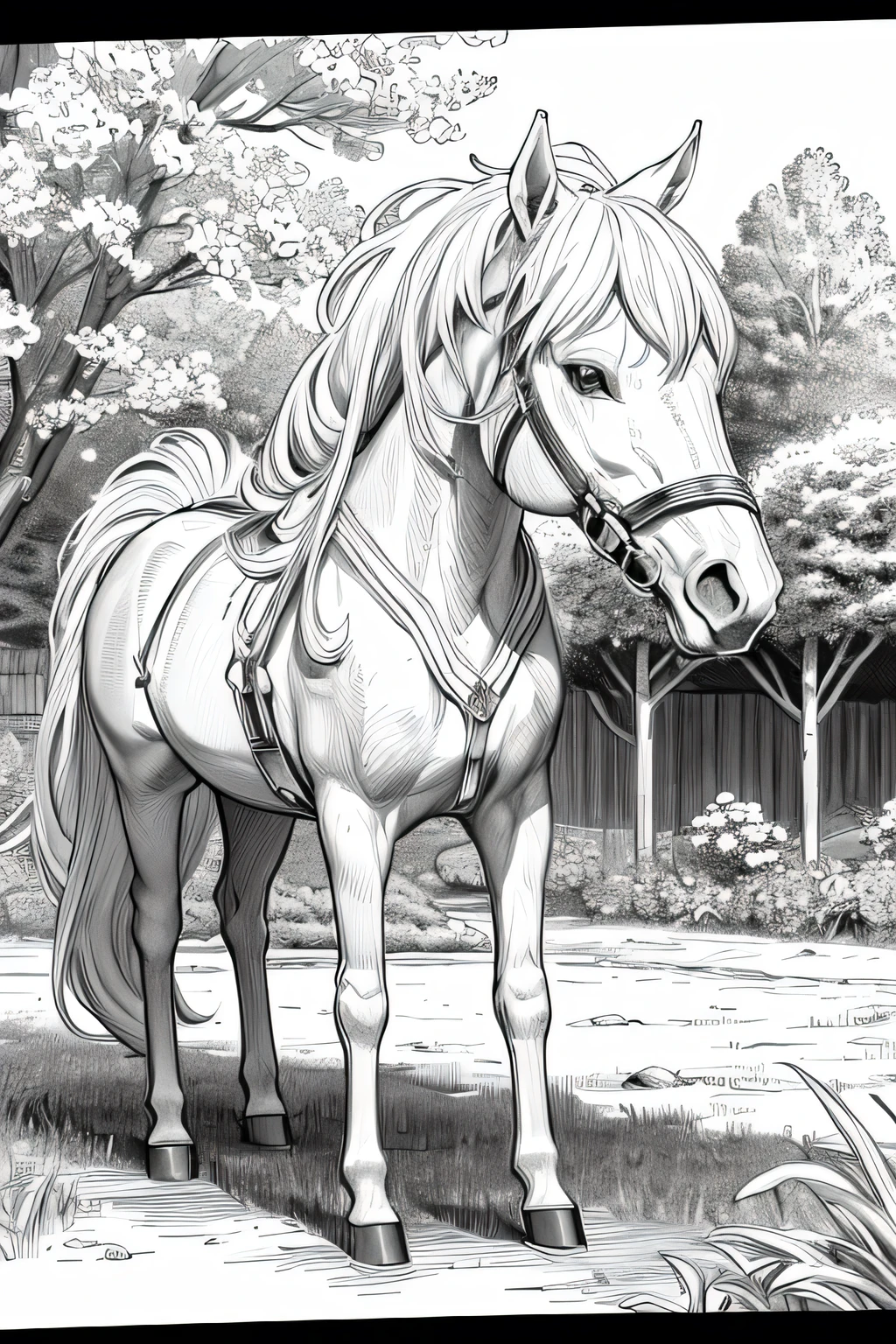 coloring image, fairy tail, horse, stunning beautiful nature all around, crisp and sharp lines, black and white, white background, Hd, 4K, no humans, ((sketch)), children coloring book, coloring image for children, easy