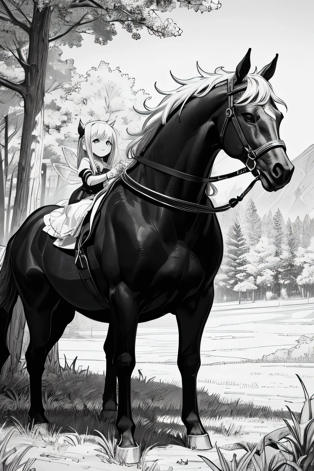 coloring image, fairy tail, horse, stunning beautiful nature all around, crisp and sharp lines, black and white, white background, Hd, 4K, no humans, ((sketch)), children coloring book, coloring image for children, easy