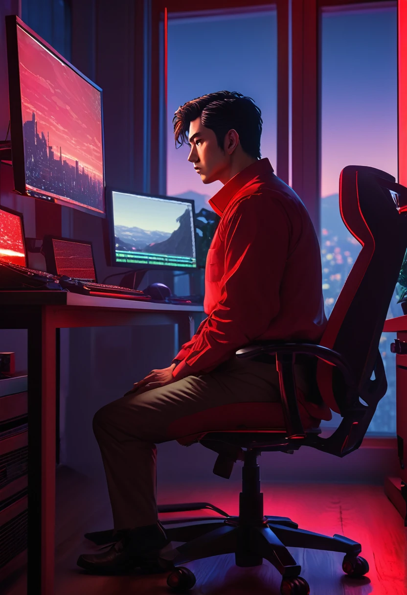 "A cinematic anime scene of a day trader staring at his monitors in dismay, his room dimly lit by the twilight outside. The screens show sharp declines, casting a somber red hue. The trader, dressed casually, leans back in his chair, eyes closed, capturing the weight of his defeat and exhaustion."