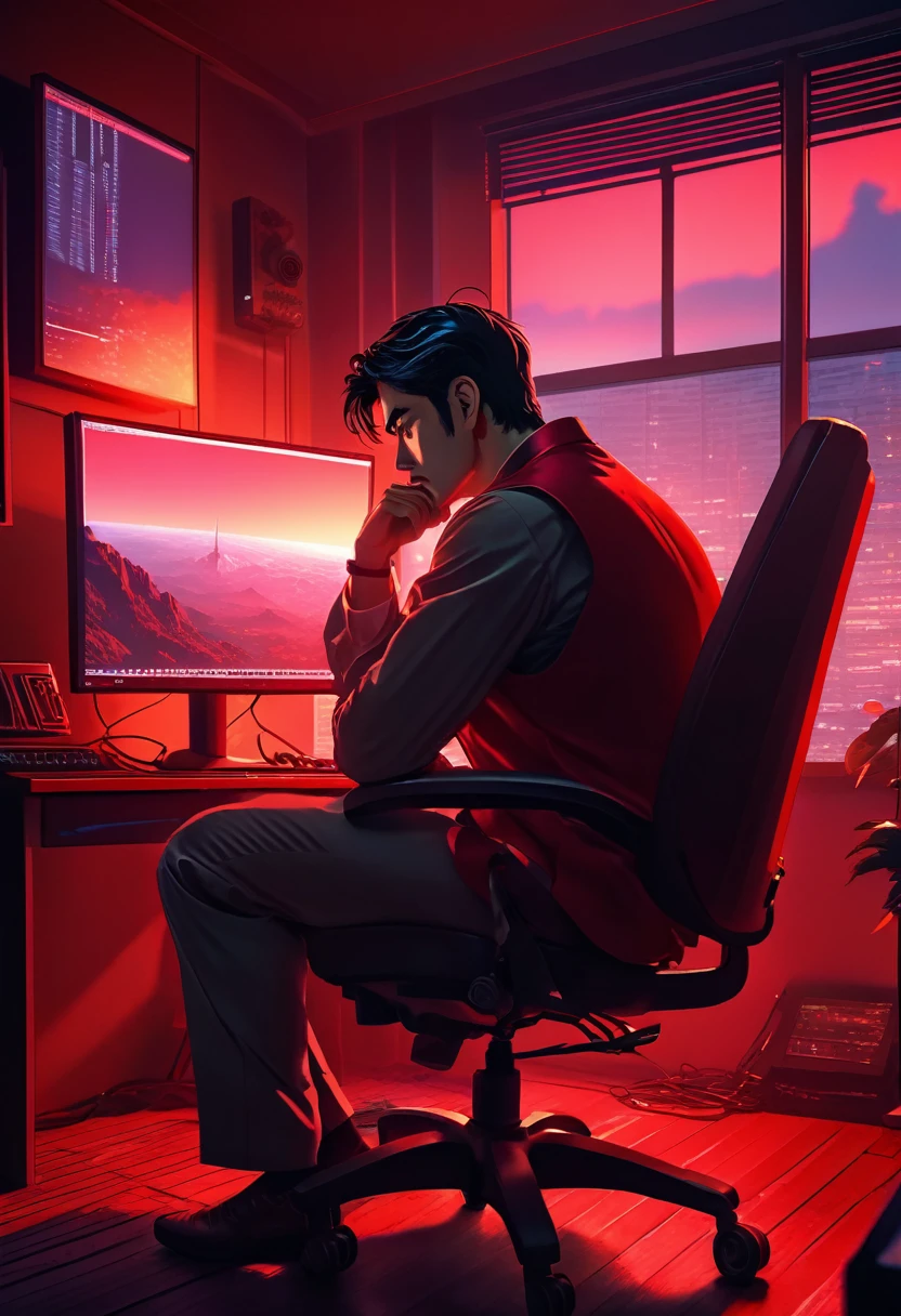"A cinematic anime scene of a day trader staring at his monitors in dismay, his room dimly lit by the twilight outside. The screens show sharp declines, casting a somber red hue. The trader, dressed casually, leans back in his chair, eyes closed, capturing the weight of his defeat and exhaustion."

