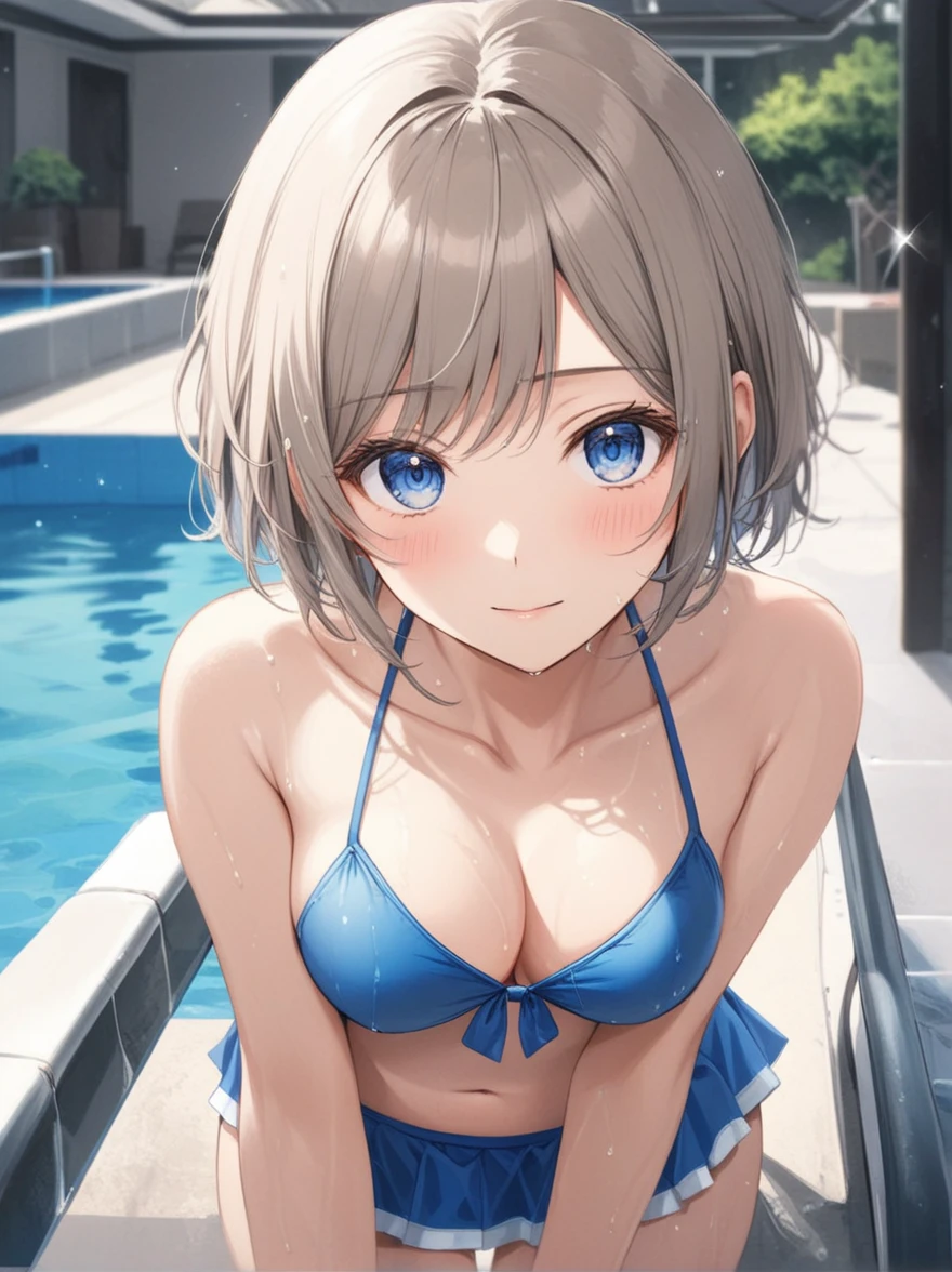 (best quality), ((masterpiece)), (highres), illustration, original, extremely detailed,   yyds, 1girl, solo, watanabe you, breasts, blue eyes, swimsuit, cleavage, bikini, towel, looking at viewer, short hair, medium breasts, blush, blue bikini, wet, poolside, pool, bow, sparkle, wet hair, brown hair, water, blue bow, bikini skirt, collarbone, holding, grey hair, bangs