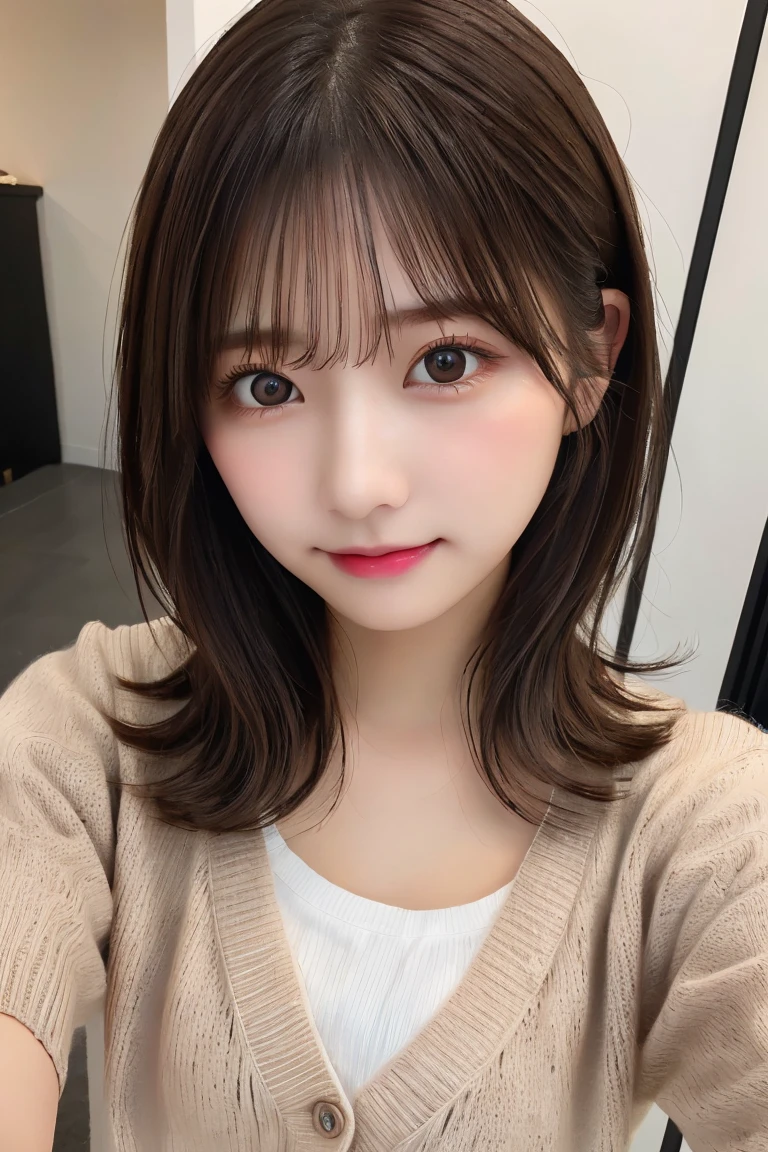 Highest quality, (beautiful)、Super delicate eyes、Brown eyes、23-year-old female、Brown Hair、Selfie、looking at the camera、Semi-short hair、cardigan、Soft breasts taken from above