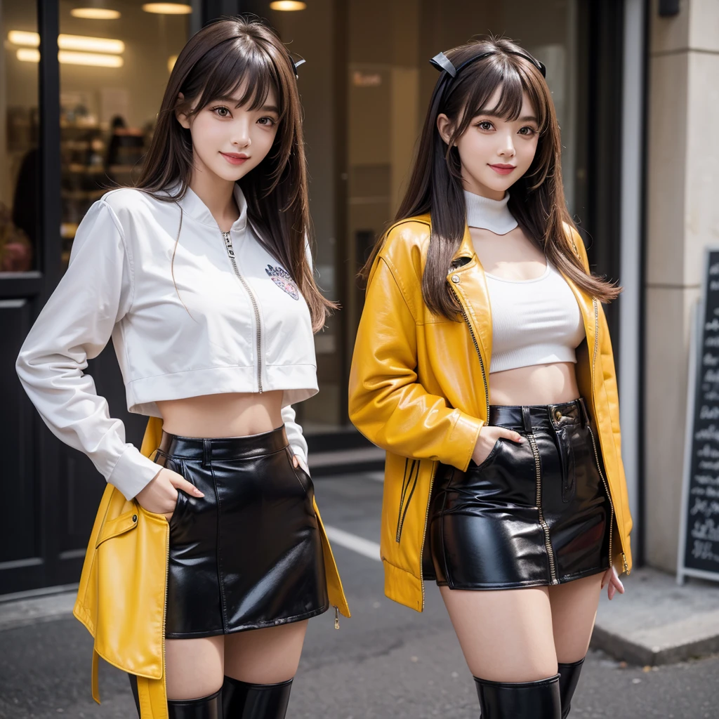 bangs down,beautiful girl,Maid clotheasterpiece,Standing posture,Hands in pockets,perfect face,perfect breasts,long hair,Long leather trousers,Colorful clothes,Outstanding style,stimulating,Cute outfits,Horny girl,double eyelid,Naughty Girls,Erotic and cute,mini skirt,ribbon on uniform,colorful hair color,yellow eyes,leather jacket,horny girl,Knee-high boots,
Colorful,multicoloured,future fashion,smile,,zipper bra,Multicolored clothing