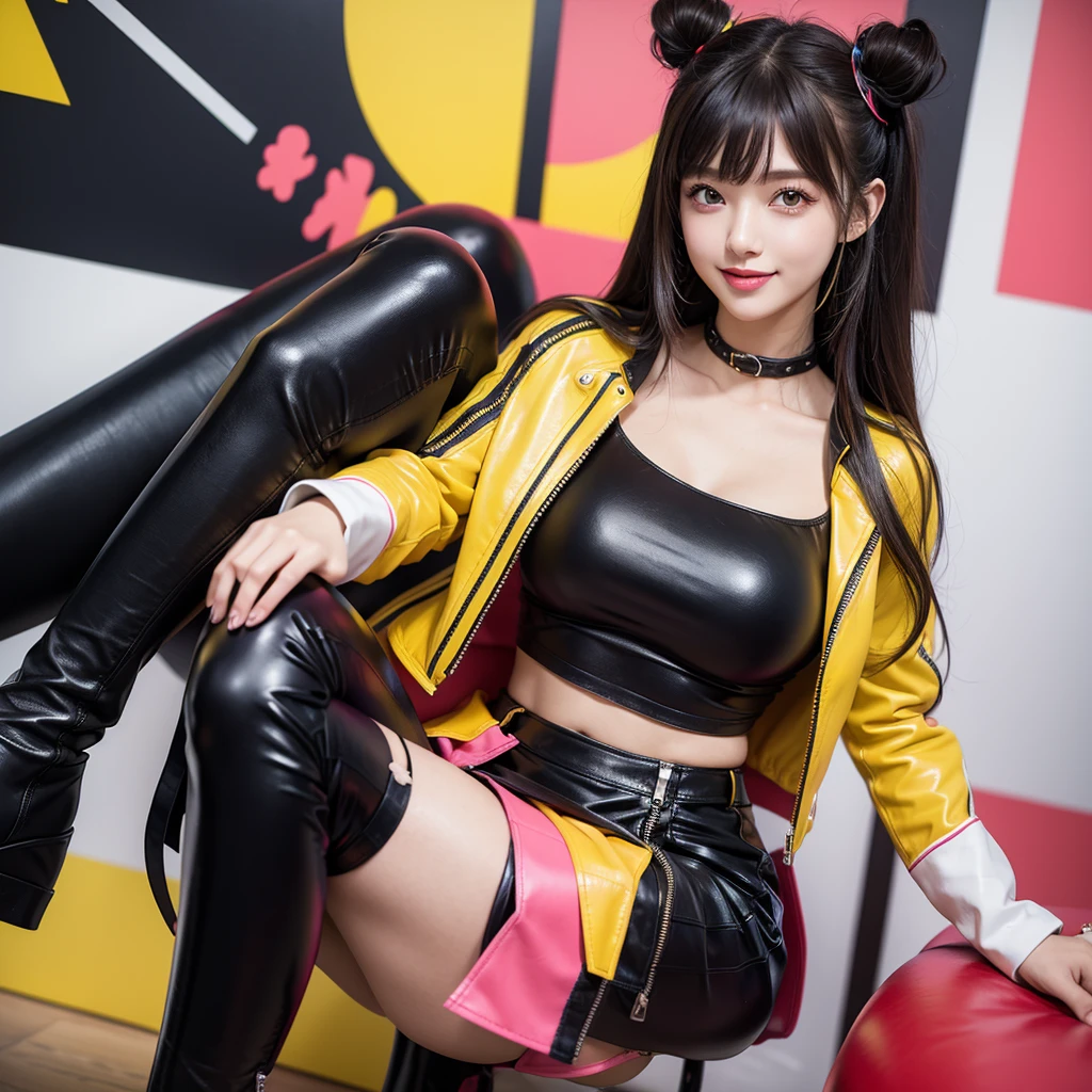 bangs down，beautiful girl，Maid clotheasterpiece，Standing posture，Hands in pockets，perfect face，perfect breasts，long hair，Long leather trousers，Colorful clothes，Outstanding style，stimulating，Cute outfits，Horny girl，double eyelid，Naughty Girls，Erotic and cute，mini skirt，ribbon on uniform，colorful hair color，yellow eyes，leather jacket，horny girl，Knee-high boots，
Colorful，multicoloured，future fashion，smile，，zipper bra，Multicolored clothing