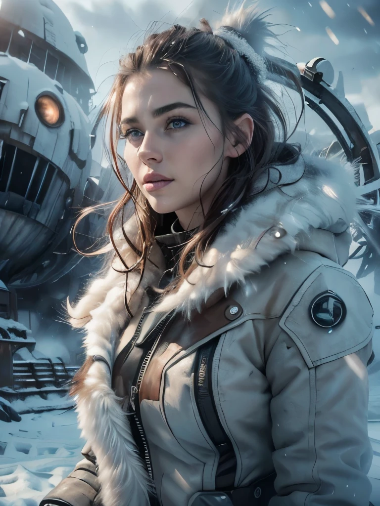 (masterpiece,ultra detailed,8k,photorealistic,cinematic lighting,dramatic lighting),(apocalyptic,snowy winter landscape),(beautiful young woman,23 years old,gorgeous european features,cleavage,long wavy brown hair,intense gaze,elegant pose),(giant futuristic spacecraft,high-tech shuttle,cold icy environment)