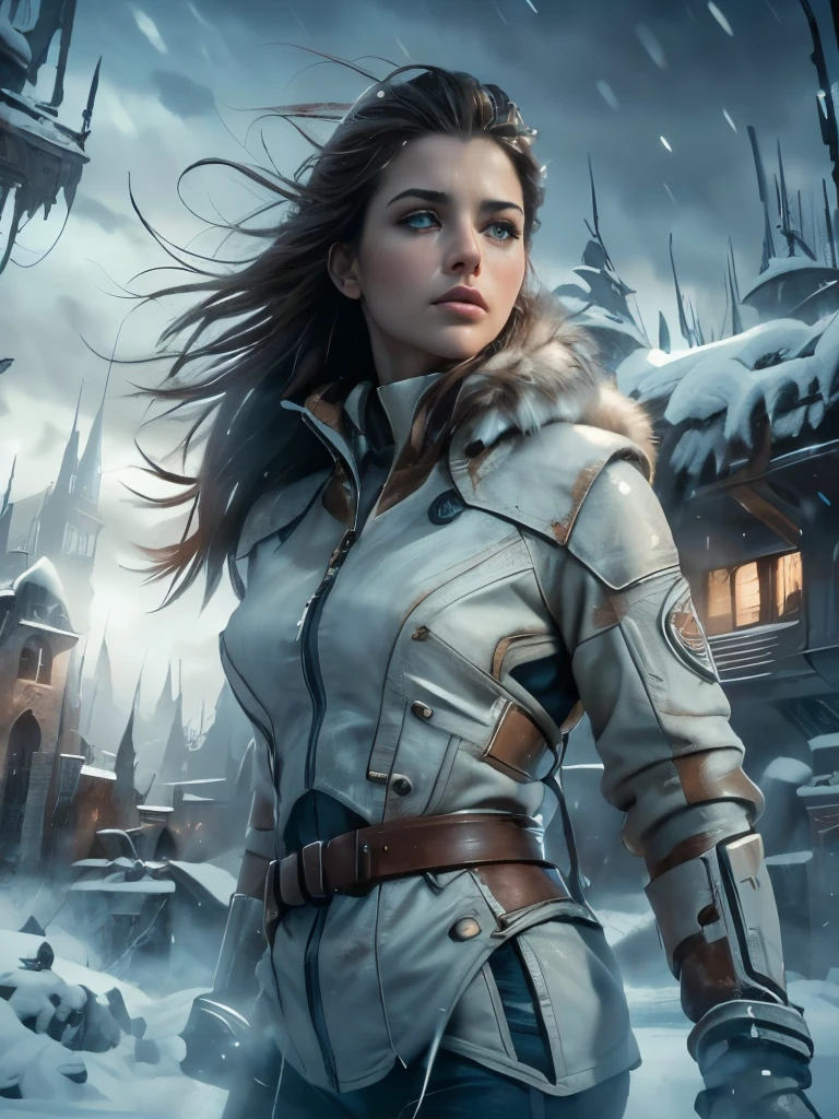 (masterpiece,ultra detailed,8k,photorealistic,cinematic lighting,dramatic lighting),(apocalyptic,snowy winter landscape),(beautiful young woman,23 years old,gorgeous european features,cleavage,long wavy brown hair,intense gaze,elegant pose),(giant futuristic spacecraft,high-tech shuttle,cold icy environment)