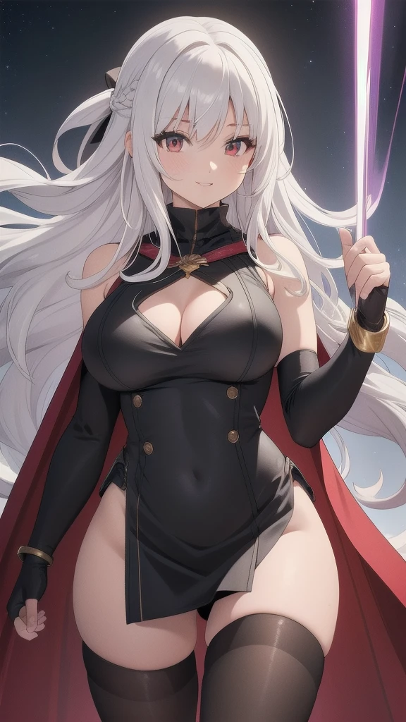 masterpiece, best quality, 1 solo girl, white hair, red eyes, long hair, medium breasts, sexy body and face, wavy hair, smile, parted lips, gradient clothes, dress, elbow gloves, sleeveless, bare shoulders, cape,boots, bracelet, sleeveless dress, ribbon, black gloves, turtleneck, short dress, pantyhose, black footwear, night, sexy pose, cowboy shots, detailed body, face, and eyes, sharp focus, vibrant, creative, dynamic, high definition, high resolution, 8k, (Upscale: R-ESRGAN 4x+ Anime6mage enchance:4x), voluptuous body, cinema lightning, dakimakura style, looking at the viewer,