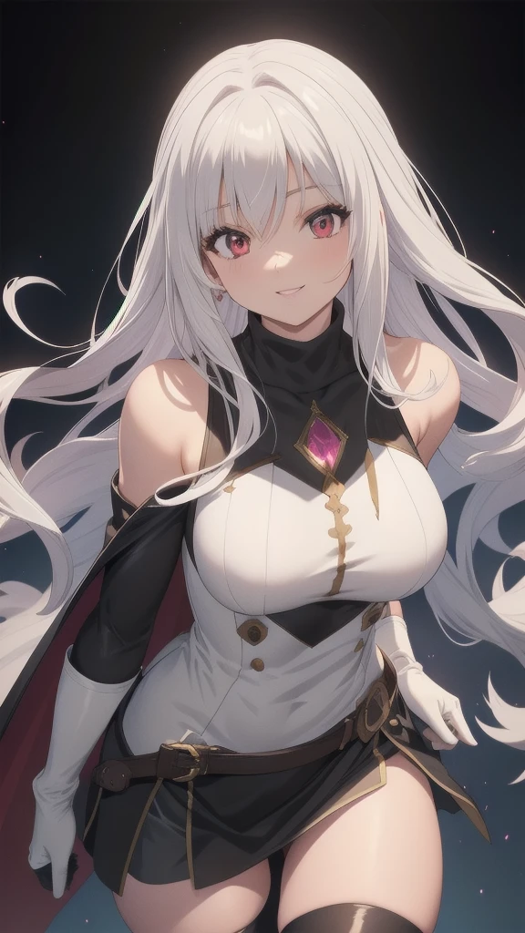 masterpiece, best quality, 1 solo girl, white hair, red eyes, long hair, medium breasts, sexy body and face, wavy hair, smile, parted lips, gradient clothes, dress, elbow gloves, sleeveless, bare shoulders, cape,boots, bracelet, sleeveless dress, ribbon, black gloves, turtleneck, short dress, pantyhose, black footwear, night, sexy pose, cowboy shots, detailed body, face, and eyes, sharp focus, vibrant, creative, dynamic, high definition, high resolution, 8k, (Upscale: R-ESRGAN 4x+ Anime6mage enchance:4x), voluptuous body, cinema lightning, dakimakura style, looking at the viewer,