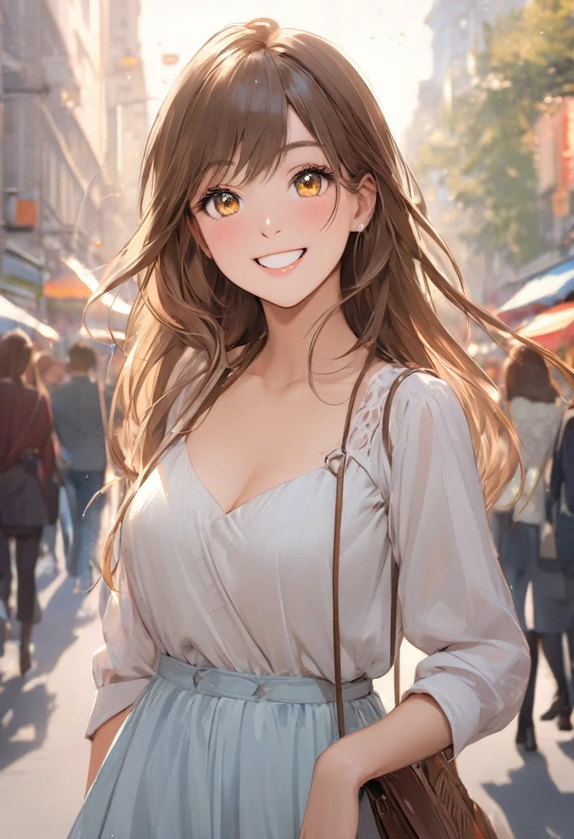 Amid the bustling city streets, her radiant smile and sparkling eyes bring a touch of warmth and charm, capturing the essence of youthful exuberance and the beauty of everyday moments