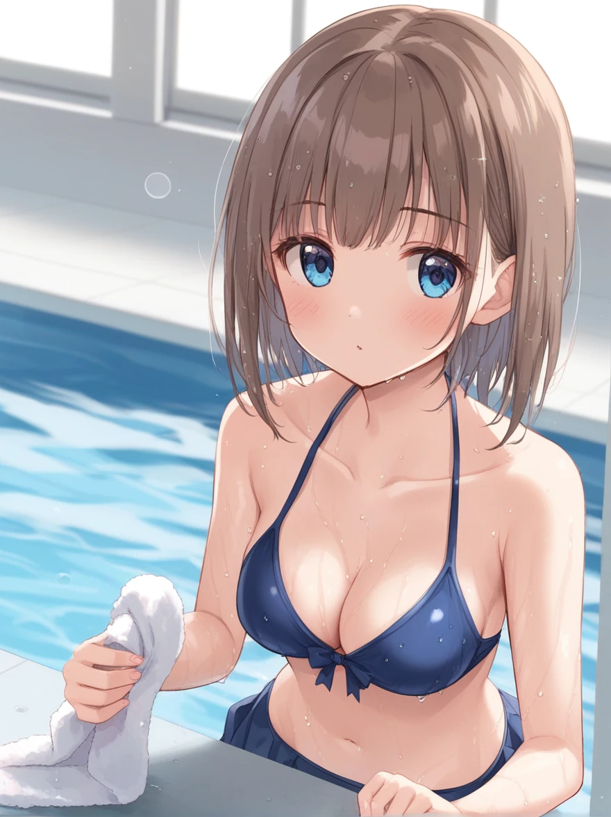 (best quality), ((masterpiece)), (highres), illustration, original, extremely detailed,   yyds, 1girl, solo, watanabe you, breasts, blue eyes, swimsuit, cleavage, bikini, towel, looking at viewer, short hair, medium breasts, blush, blue bikini, wet, poolside, pool, bow, sparkle, wet hair, brown hair, water, blue bow, bikini skirt, collarbone, holding, grey hair, bangs