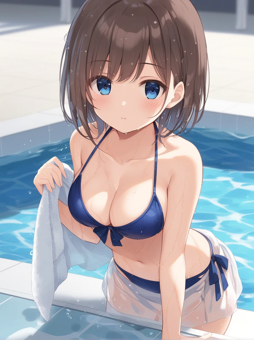 (best quality), ((masterpiece)), (highres), illustration, original, extremely detailed,   yyds, 1girl, solo, watanabe you, breasts, blue eyes, swimsuit, cleavage, bikini, towel, looking at viewer, short hair, medium breasts, blush, blue bikini, wet, poolside, pool, bow, sparkle, wet hair, brown hair, water, blue bow, bikini skirt, collarbone, holding, grey hair, bangs