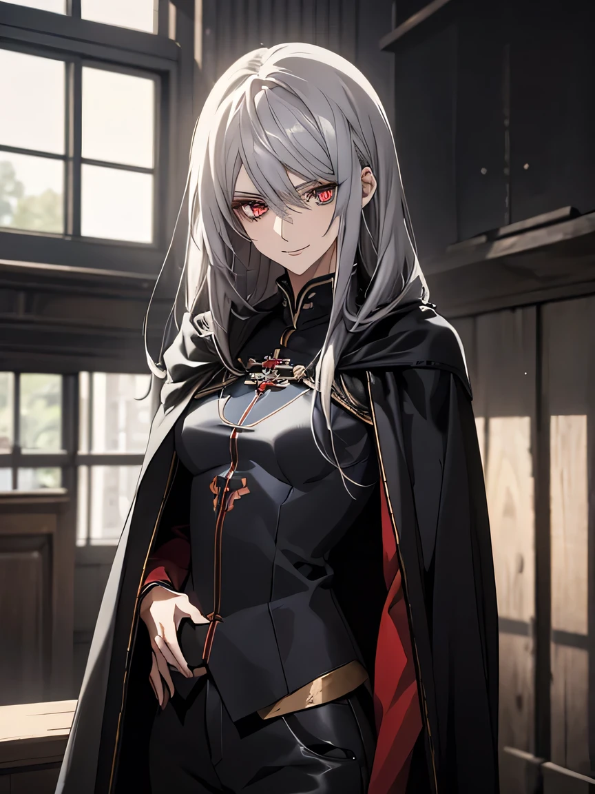 (Confused, High resolution, Very detailed), 1 female, Silver Hair,Long Hair,Crimson Eyes,Blue and black military uniform,24th generation,beauty,mature,thin,quiet,Calm,A small smile,Long Cape,Slender and thin,,skinny pants,grassland,Small breasts,thin body,Are thin