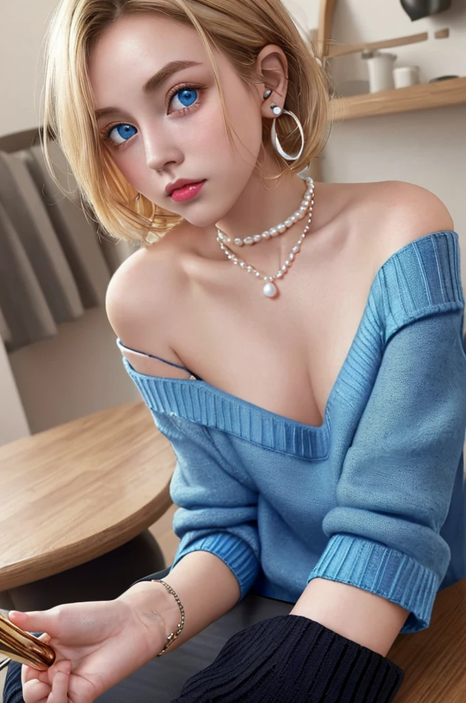 On the table,best quality, Ultra-high resolution, Extremely detailed,
1 Girl,Memcho Colorful Hair, Blonde and Brunette, short hair, blue eyes, (:3 :1.4)
(Blue sweater, Black shirt, Wear a shirt under a sweater, Off-shoulder tops)
Pearl Necklace, earrings, trumpet