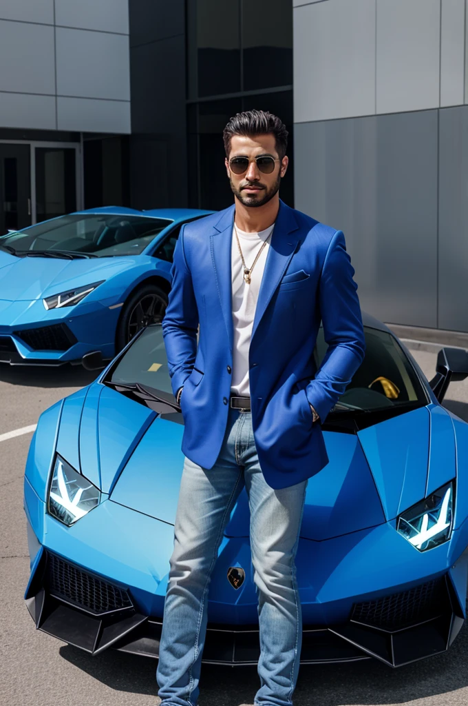 A HANDSOME GUY STANDING NEXT TO BLUE LAMBORGHINI