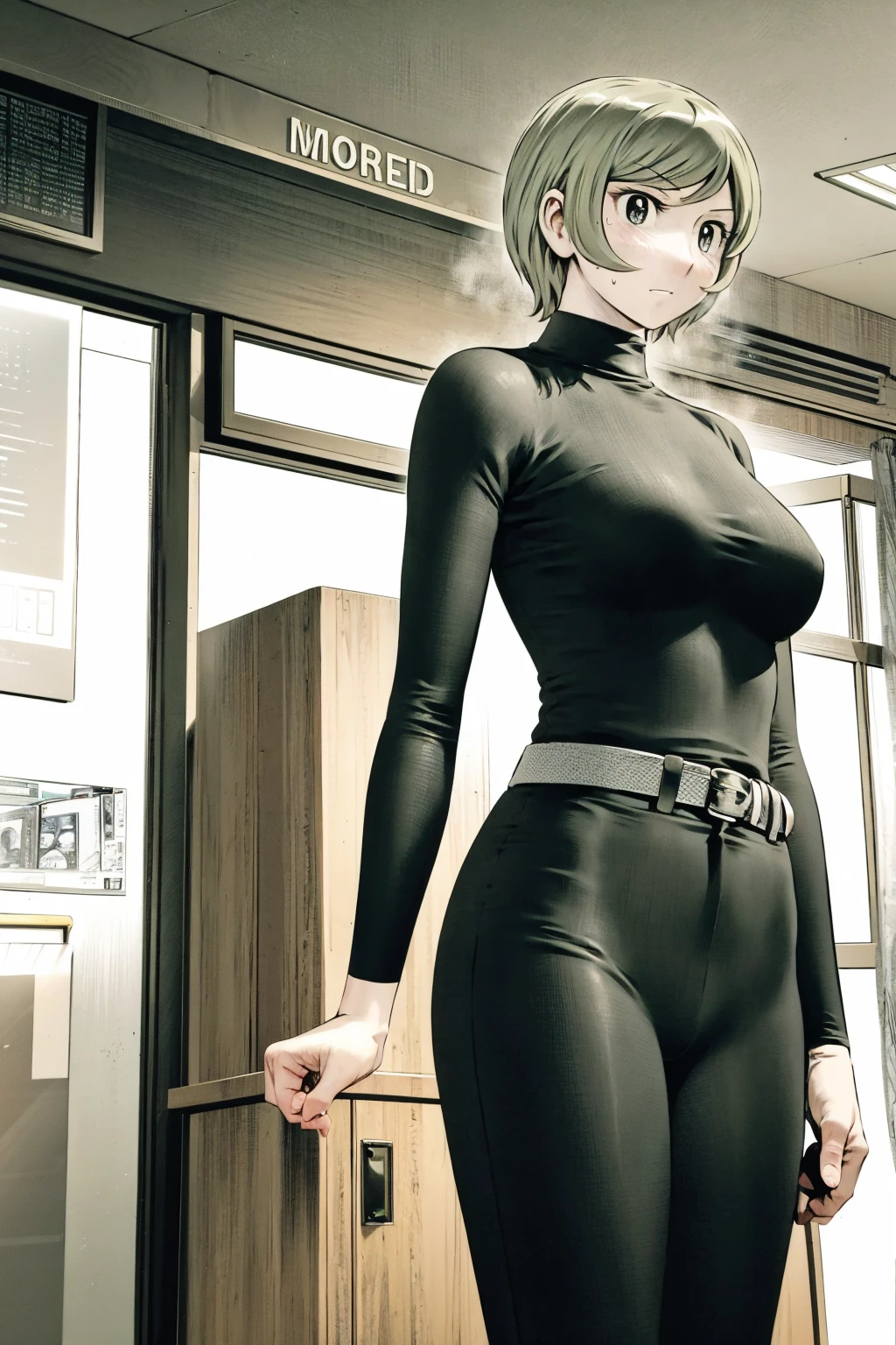 、(masterpiece、Highest quality)、Highest quality, Ultra-high resolution, (((masterpiece))), alone, Sweat、Big eyes,office、tight white dress shirt、Tight black suit、Tight black pants、indoor、Composition from the front、（後ろCut your hair short、short hair、blonde、woman）、Shortcuts、Embarrassed face、Cut your hair short、可愛いwomanの子、Big Breasts、Sit on a chair、Face to face、Composition from the front、View your audience