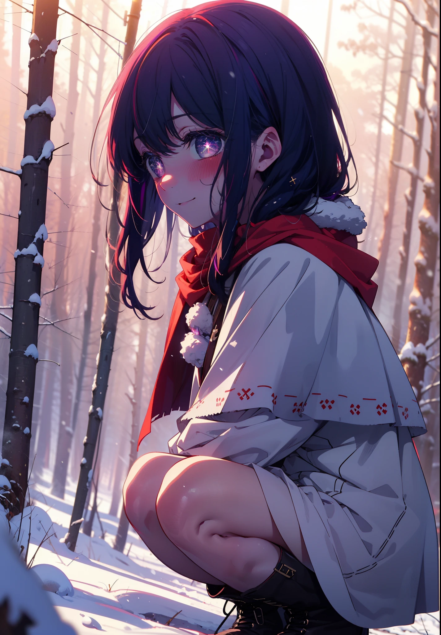 aihoshino, Ai Hoshino, Long Hair, bangs, (Purple eyes:1.1), Purple Hair, (Symbol-shaped pupil:1.5), smile,,smile,blush,White Breath,
Open your mouth,snow,Ground bonfire, Outdoor, boots, snowing, From the side, wood, suitcase, Cape, Blurred, , forest, White handbag, nature, Squat, Mouth closed, Cape, winter, Written boundary depth, Black shoes, red Cape break looking at viewer, Upper Body, whole body, break Outdoor, forest, nature, break (masterpiece:1.2), Highest quality, High resolution, unity 8k wallpaper, (shape:0.8), (Beautiful and beautiful eyes:1.6), Highly detailed face, Perfect lighting, Extremely detailed CG, (Perfect hands, Perfect Anatomy),