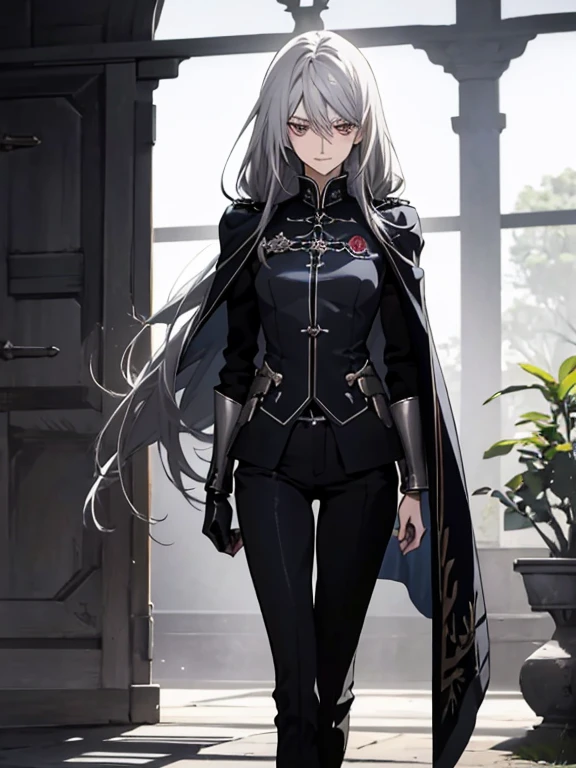 (Confused, High resolution, Very detailed), 1 female, Silver Hair,Long Hair,Crimson Eyes,Blue and black military uniform,24th generation,beauty,mature,thin,quiet,Calm,A small smile,Long Cape,Slender and thin,,skinny pants,grassland,Small breasts,thin body,Are thin