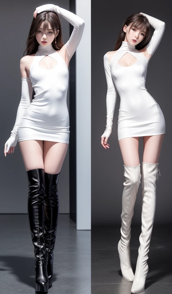 8K, masterpiece, RAW Photos, Highest quality, detailed:1.2),Realistic, Extremely detaileded CG unifies 8K, 8K, diamond, wallpaper, Written boundary depth, (Bright bedroom:1.2), Ray Tracing, (Very beautiful face, Beautiful Lips, Beautiful Eyes), intricate detailed face, ((ultra detaileded skin)) 、Two Girls, Cute Korean Girl, K-POPアイドル,(Slim figure), ((Viewer Display)), (Bodycon mini dress),(High neck),(Injection Sleeve:1.1),(Silk mini dress:1.5) ,(Opera Gloves:1.5),(Knee-high boots:1.5),Cute Korean Girl,Clear Eyes, walking , (Pale skin), (Big eyes), ((Full Body Shot:1.5)), Bodycon mini dress, Tight mini dress , Colorful mini dresses, Plain Dress, Turn back, Side Shot, Slim figure, Healthy Thighs, Thigh Gap、(Place your arms behind your head:1.3)