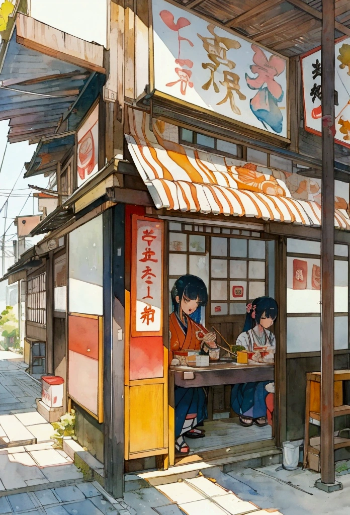 High quality, colorful illustrations of Japanese high school boys and girls in summer, and enjoying eating ramen at an old ramen shop.Fine and carefully drawn illustrations, beautiful summer, watercolors in the background, artistic and modern illustrations, etc, It's a delicate, elegant watercolor and colorful color