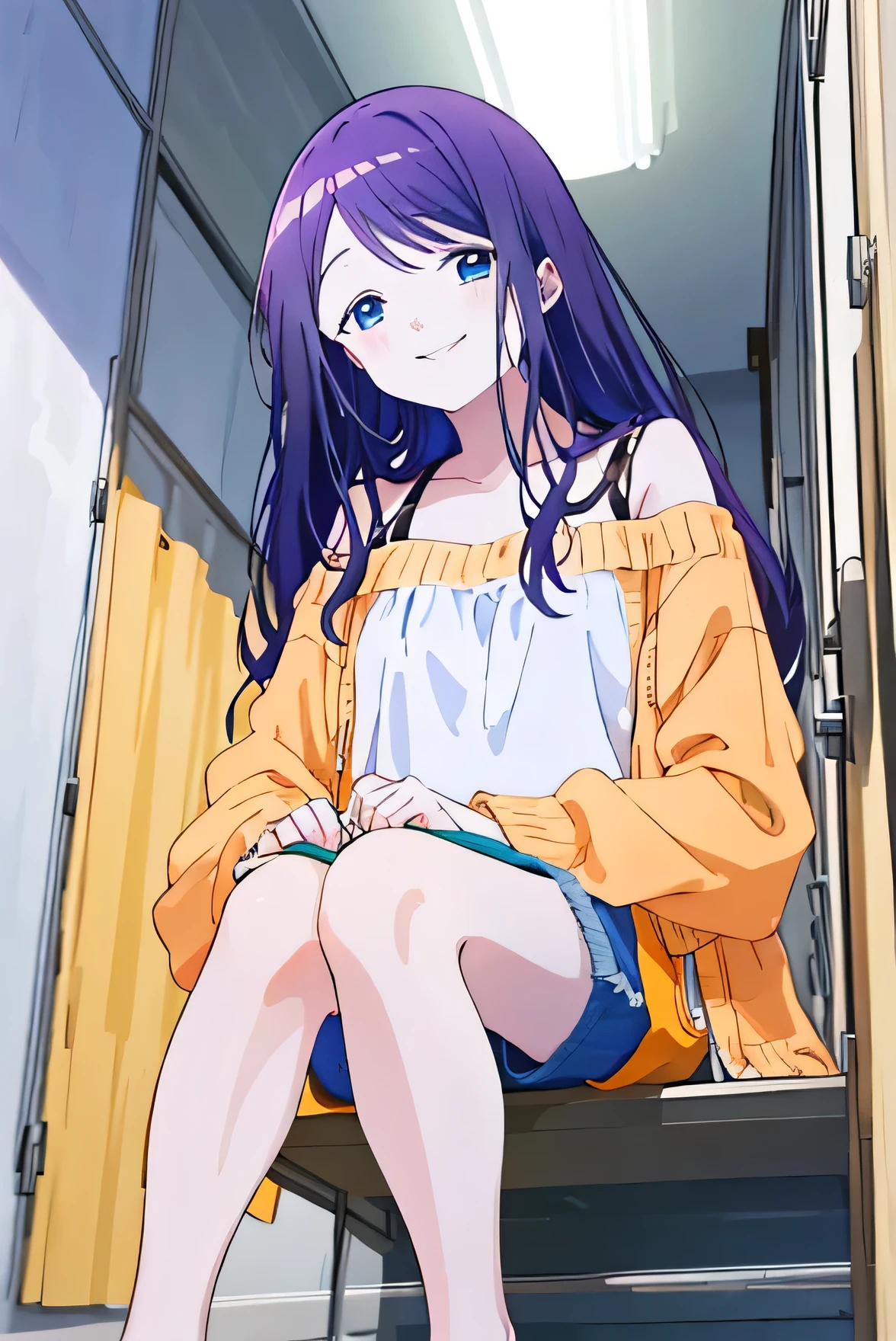 On the sofa、I can see her panties、M-shaped legs、M-shaped leg-shaped legs、Crouching、、I can see her panties、Blushing、Feeling embarrassed、、Semi-long hair、