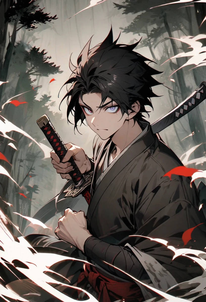 young man with calm face ,Male Dark, dark Woods,Red & Black colors, pale eye, samurai dnd, ronin background, hold katana in right hand