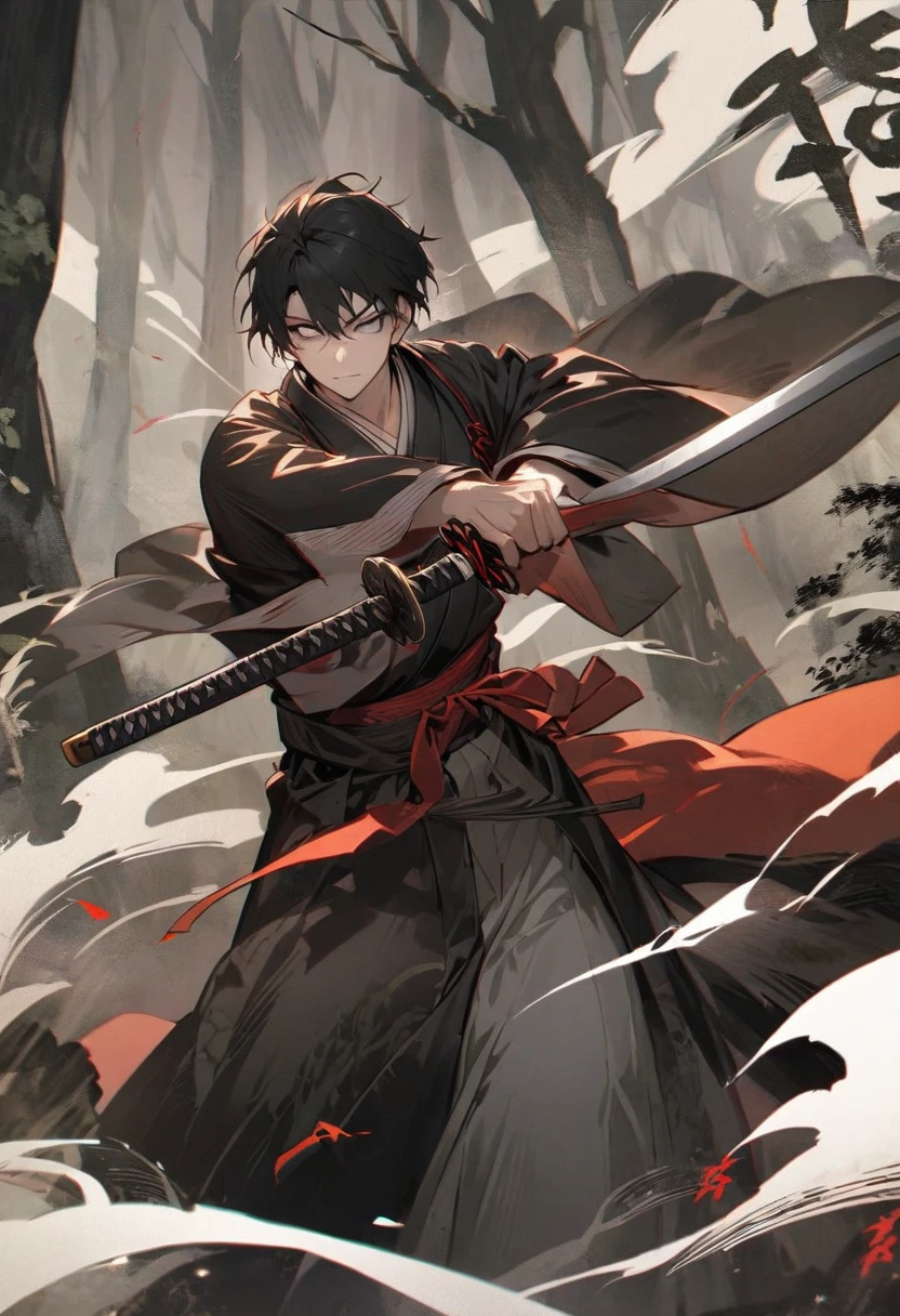 young man with calm face ,Male Dark, dark Woods,Red & Black colors, pale eye, samurai dnd, ronin background, hold katana in right hand