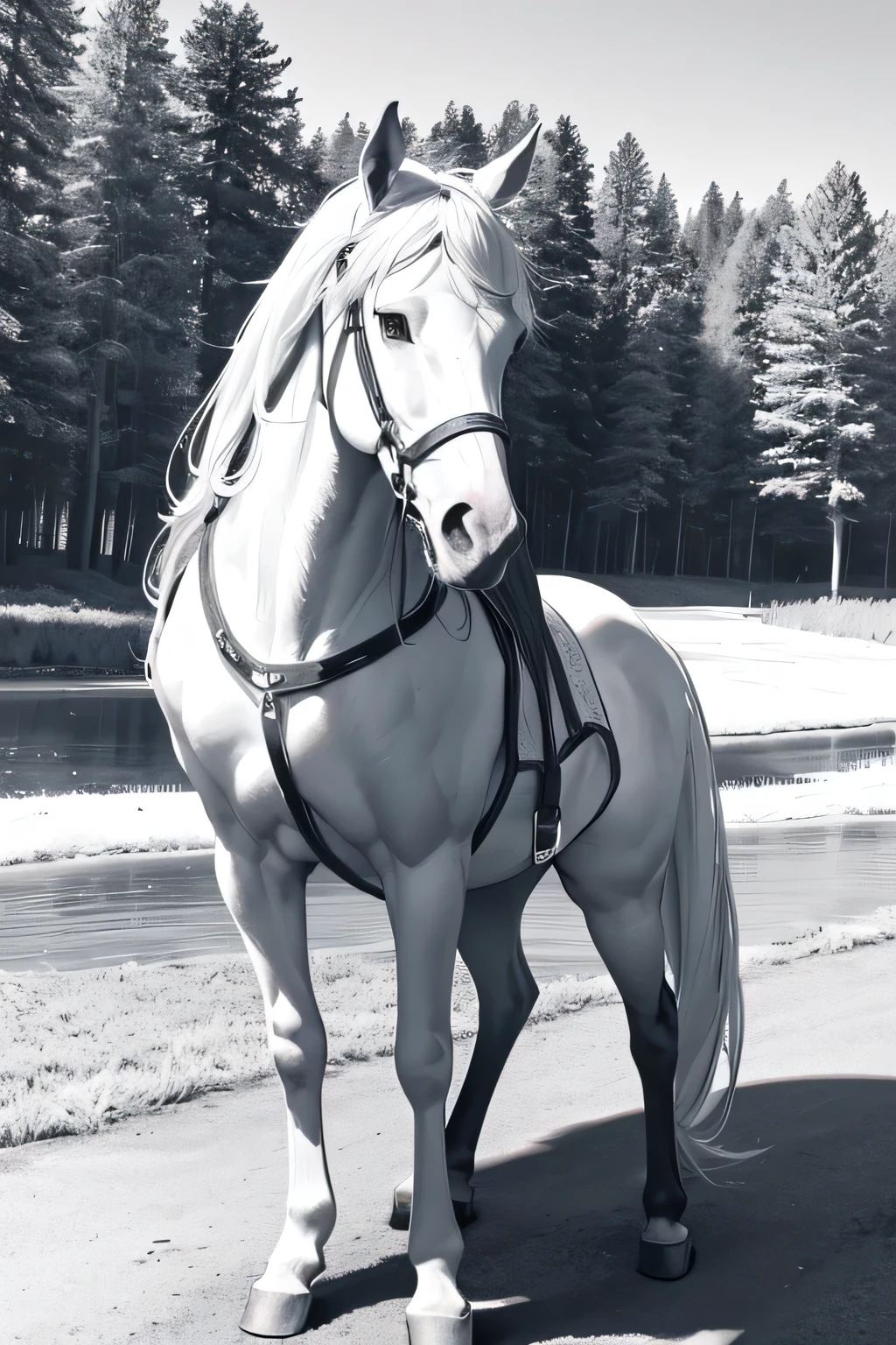 coloring image, fairy tail, horse, stunning beautiful nature all around, crisp and sharp lines, black and white, white background, Hd, 4K, no humans, ((sketch)), children coloring book, coloring image for children, easy