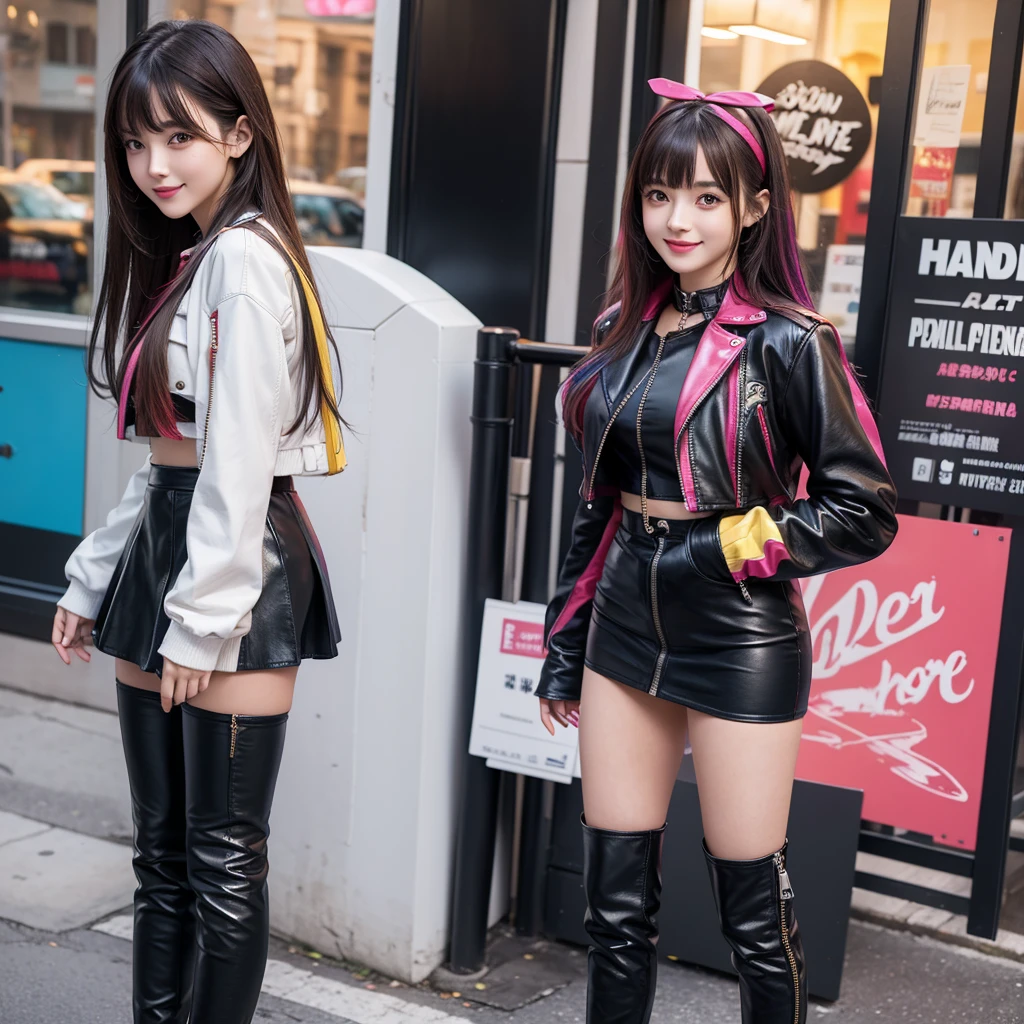 bangs down,beautiful girl,Maid clotheasterpiece,Standing posture,Hands in pockets,perfect face,perfect breasts,long hair,Long leather trousers,Colorful clothes,Outstanding style,stimulating,Cute outfits,Horny girl,double eyelid,Naughty Girls,Erotic and cute,mini skirt,ribbon on uniform,colorful hair color,yellow eyes,leather jacket,horny girl,Knee-high boots,
Colorful,multicoloured,future fashion,smile,,zipper bra,Multicolored clothing