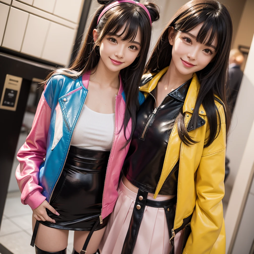bangs down，beautiful girl，Maid clotheasterpiece，Standing posture，Hands in pockets，perfect face，perfect breasts，long hair，Long leather trousers，Colorful clothes，Outstanding style，stimulating，Cute outfits，Horny girl，double eyelid，Naughty Girls，?????? and cute，mini skirt，ribbon on uniform，colorful hair color，yellow eyes，leather jacket，horny girl，Knee-high boots，
Colorful，multicoloured，future fashion，smile，，zipper bra，Multicolored clothing