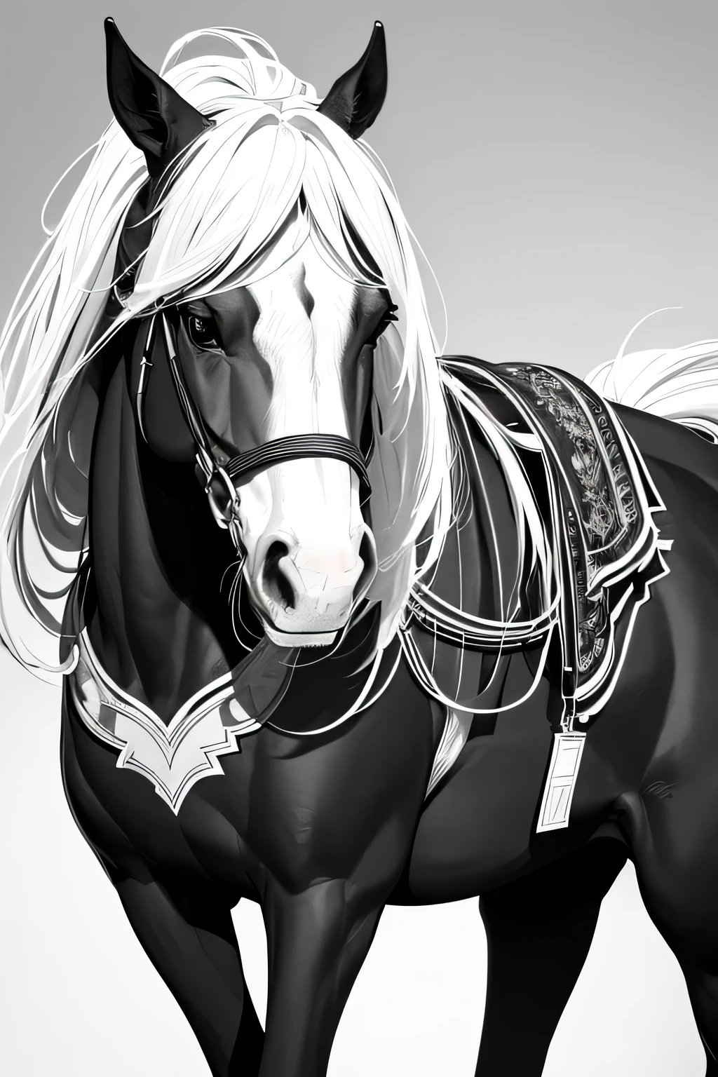 coloring image, fairy tail, horse, stunning beautiful nature all around, crisp and sharp lines, black and white, white background, Hd, 4K, no humans, ((sketch)), children coloring book, coloring image for children, easy