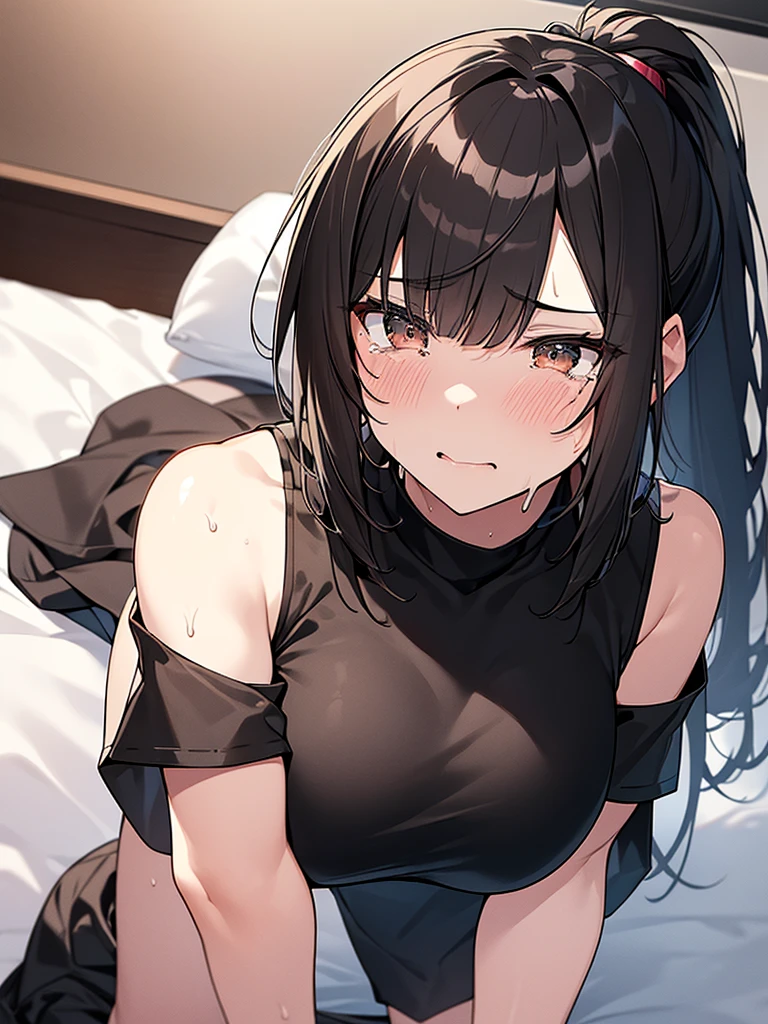 NSFW 表情にクローズアップ 黒いNo sleeve:1.3 1 female 1 male、Sex:1.3 On a white bed, in an apartment room, excitement, sweat, flushing), (Night, dark room, apartment room, lying on a white bed, troubled face, crying face)、 No sleeve、(Black hair, medium length, ponytail, straight hair, bangs swept to the side:1.9 Slanted eyes Brown eyes Tall Big breasts Strong Beautiful Cute) 、 細身の筋肉質の男とのSex