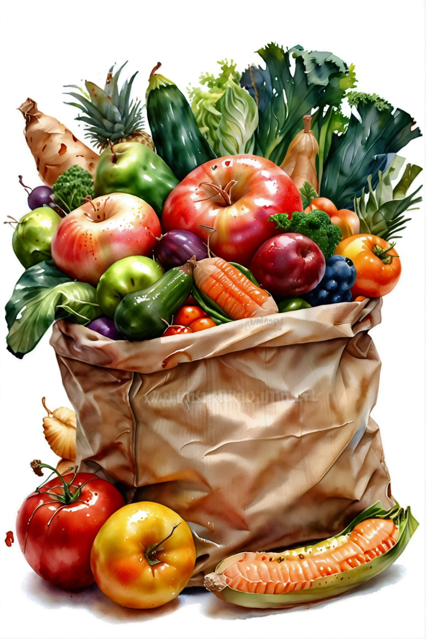 grocery bag with a lot healthy food, illustration, isolated with solid white background, surrounded with negative space, centered composition, 8k, highest detailed painting, very precise painting, Isolated, clear solid white background, perspective angle of view, cartoon style, ((watercolor)), clip art, (lora:add-detail-xl:1)