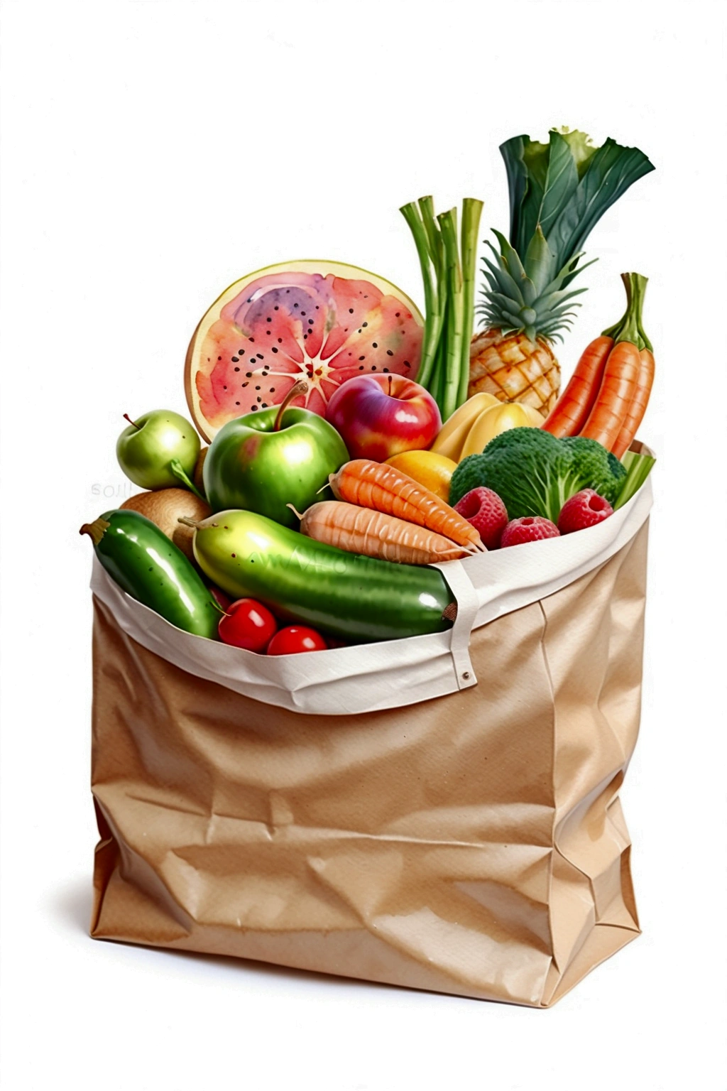 grocery bag with a lot healthy food, illustration, isolated with solid white background, surrounded with negative space, centered composition, 8k, highest detailed painting, very precise painting, Isolated, clear solid white background, perspective angle of view, cartoon style, ((watercolor)), clip art, (lora:add-detail-xl:1)