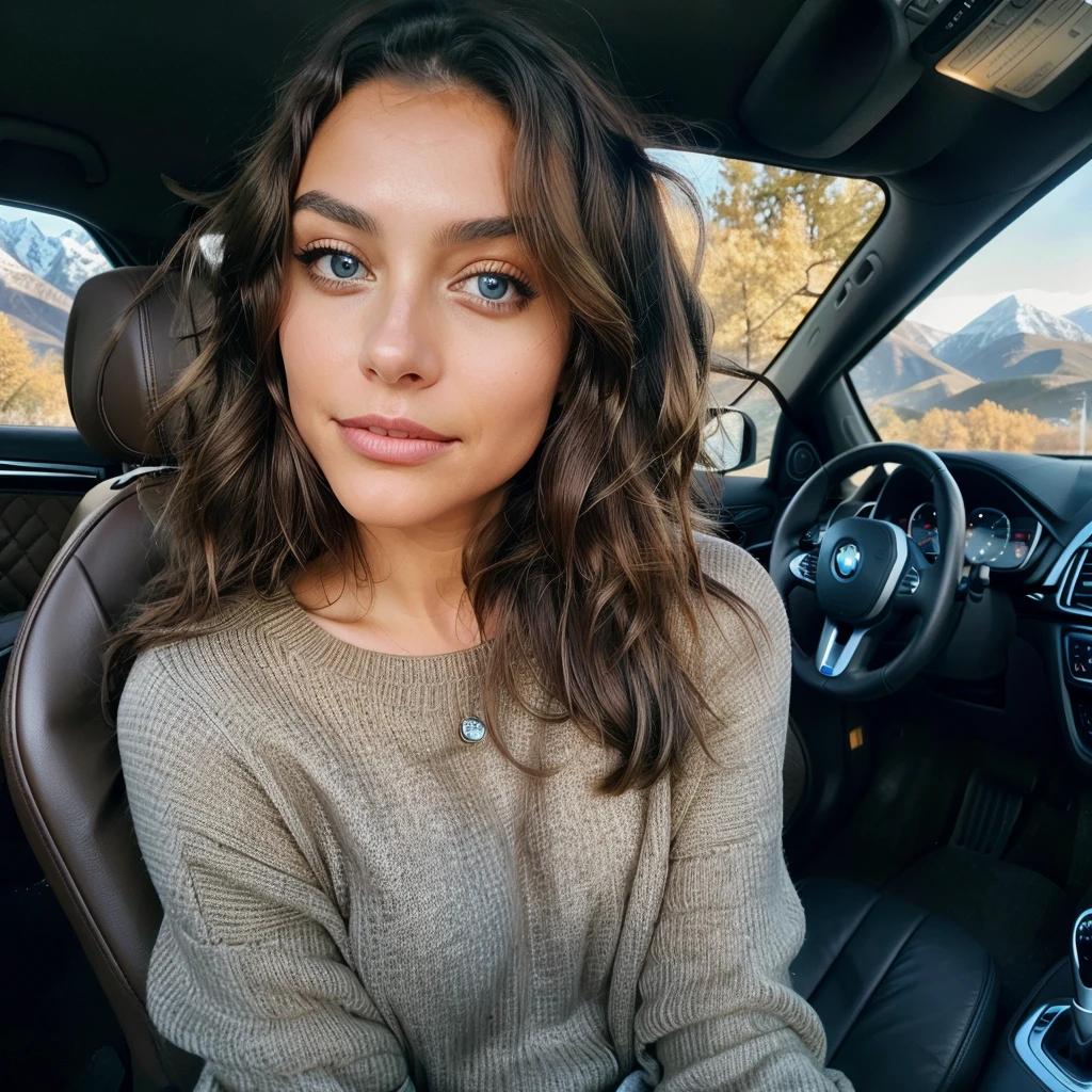 Beautiful brunette, wearing a beige sweater (22 years old, innocent face, naturally wavy hair, blue eye),a woman sitting relaxed NEAR the driver's seat of a BMW ( car with an elegant interior, including a leather steering wheel), digital dashboard, and luxurious leather seats ((Selfie on the upper body, a happy)), masterpiece, beste-Qualit, Ultra-detail, solo, En plein air, (the night), Mountains, Natur, (the stars, Officer) cheerful, analog style (look at the viewer: 1.2) (Skin texture) (Film grains: 1.3), (warm hue, warmer Ton: 1.2), a close-up of a, cinematiclight, sidelighting, extra high resolution, better shadow, SPIRIT, upper body, pullover