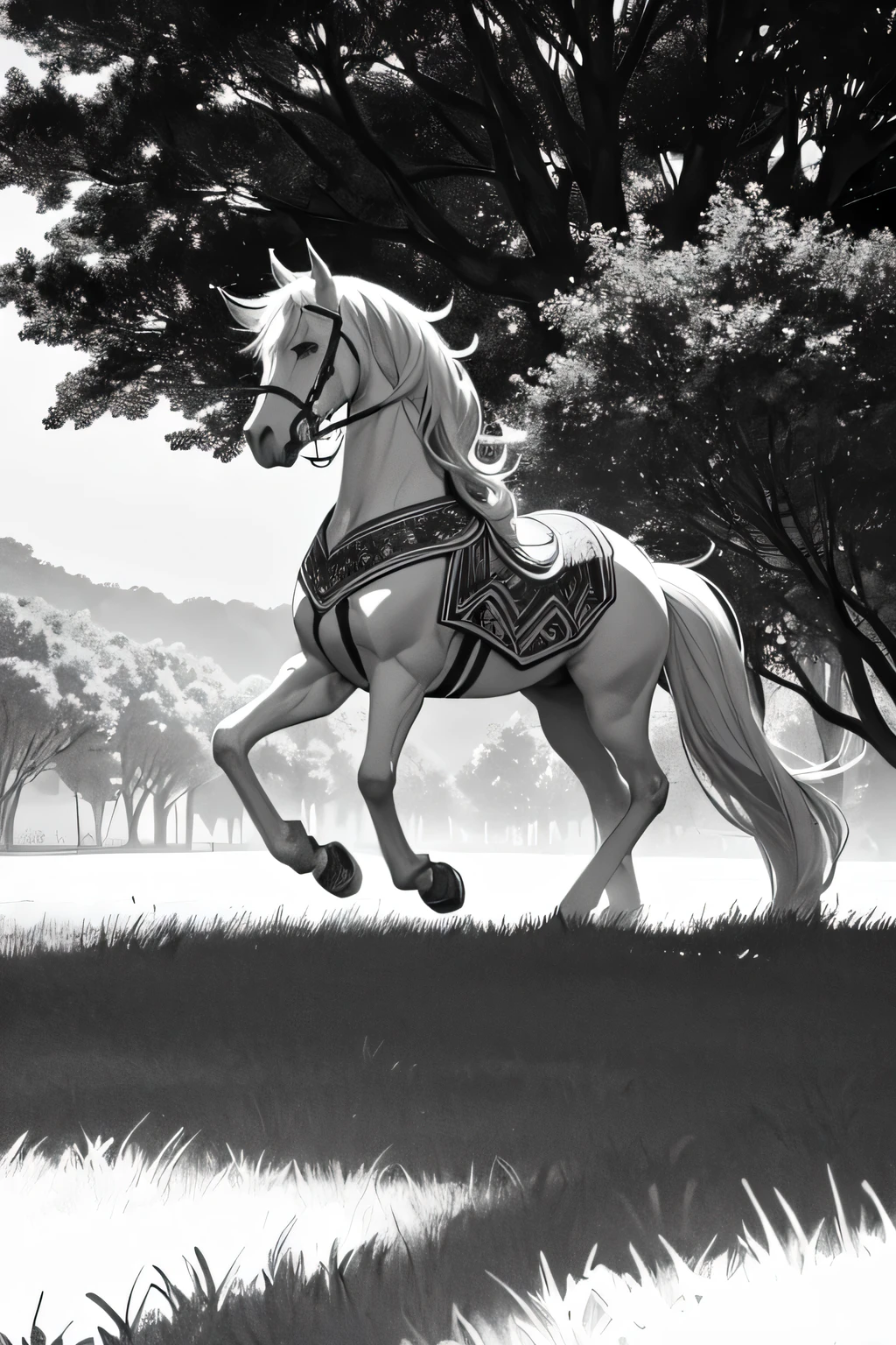 coloring image, fairy tail, horse, stunning beautiful nature all around, crisp and sharp lines, black and white, white background, Hd, 4K, no humans, ((sketch)), children coloring book, coloring image for children, easy