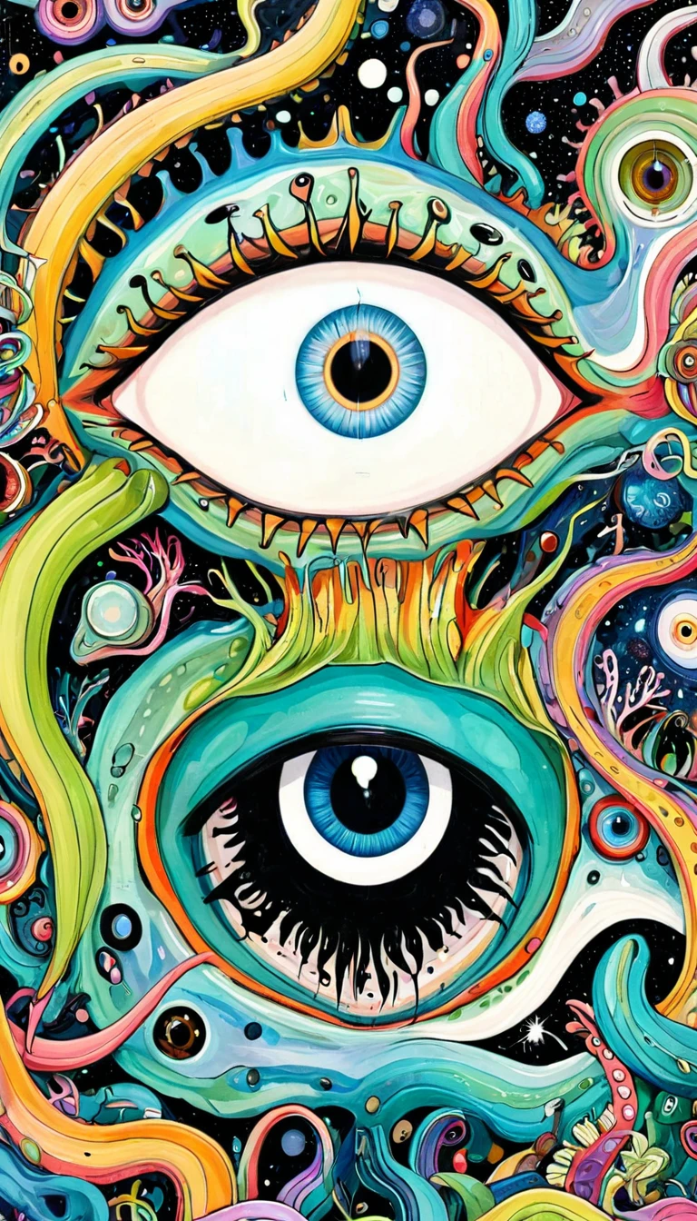 "Dick Ellescas Artist Style",root,earthworm,Caterpillash,Tentacles,Eye、diatom,Stitching together an abstract painting,Describing the inner world of autistic people,Sense of space,White Space,interesting,Innocence,Psychedelic Art,theme
