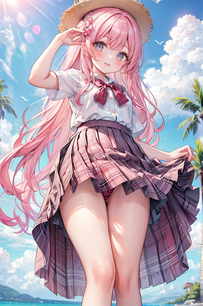 masterpiece, best quality,
 1girl, view from below, 
 (lift up the plaid skirt:1.4), (summer school uniform:1.3), white ruffle bikini, pink hair, smile, 
 sandy beach,