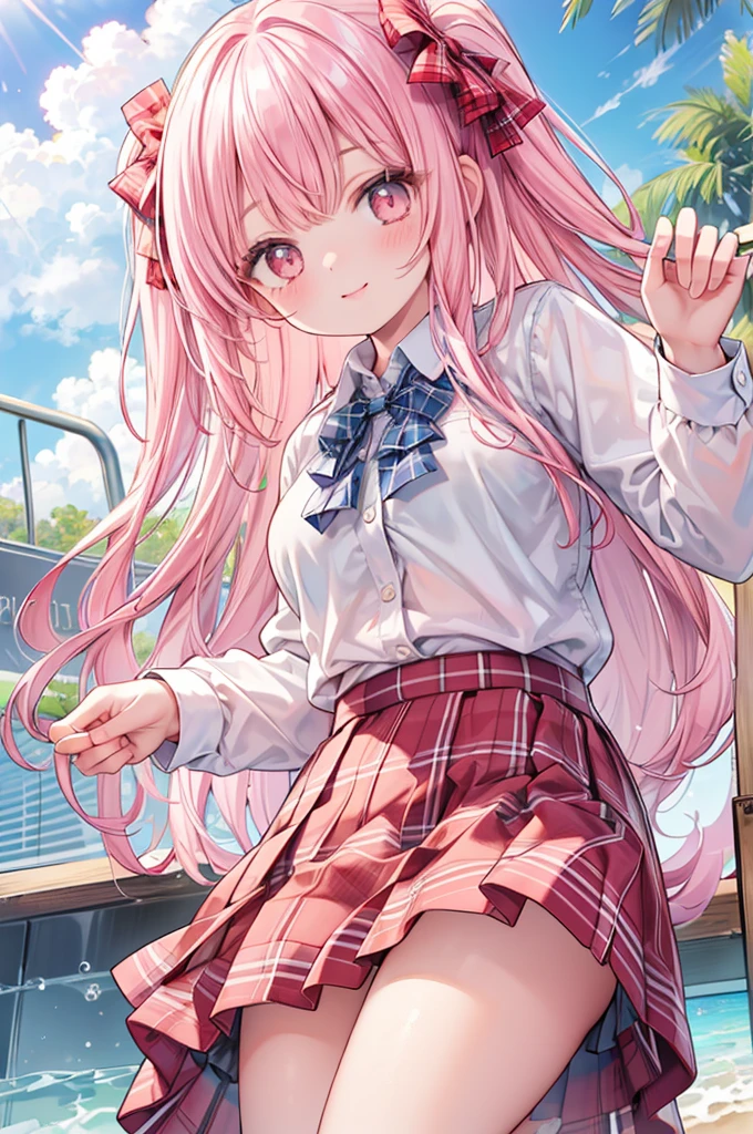 masterpiece, best quality,
1girl, view from below,
(lift up the plaid skirt:1.4), (summer school uniform:1.3), white ruffle bikini, pink hair, smile,
sandy beach,