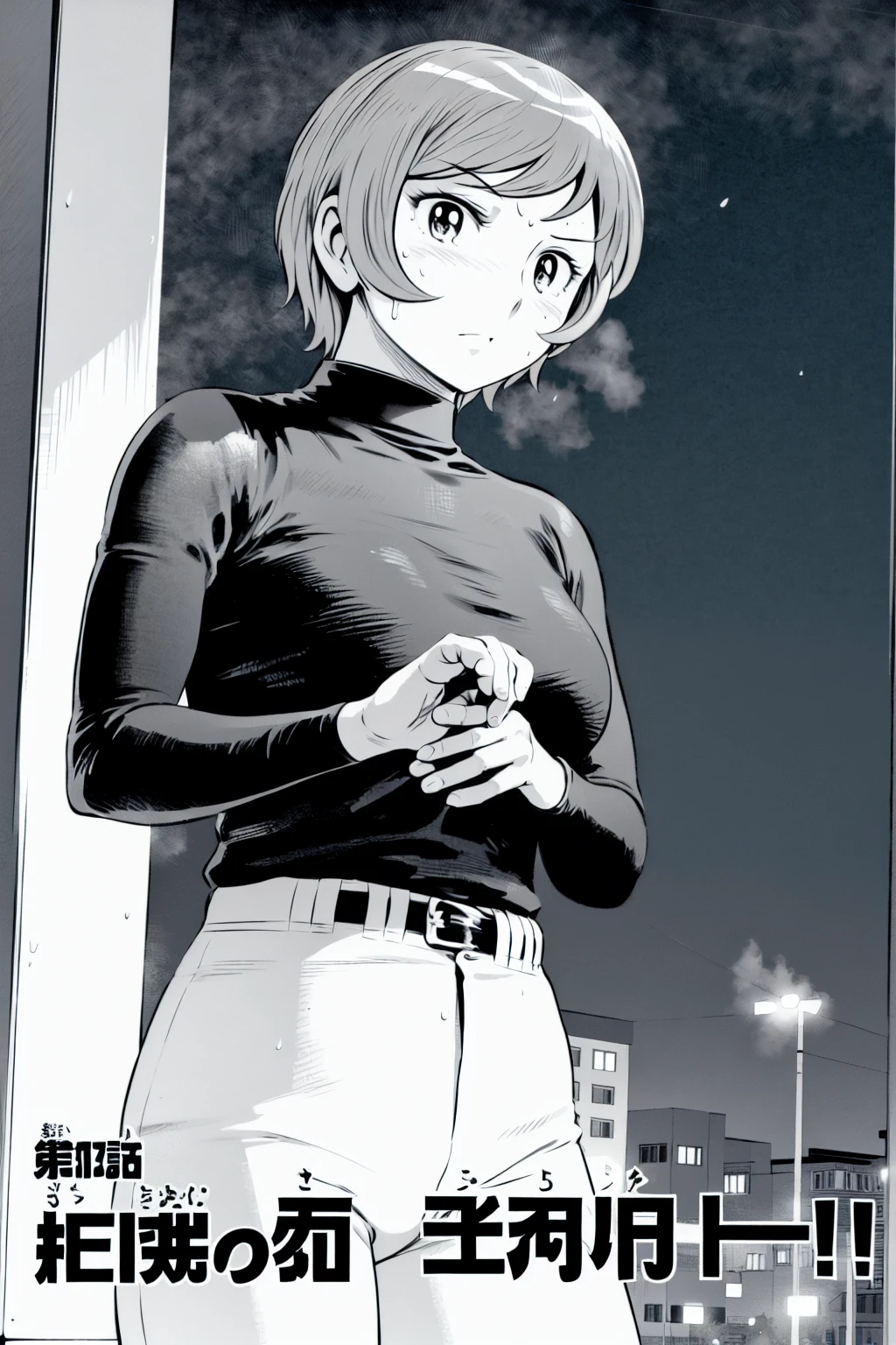 (野球uniform:1.2),
Blonde, (short hair:1.2),Long sleeve, Black Shirt, turtleneck,White trousers、uniform、Black belt、((Illustration of a person))、big 、
View your viewers,, (Highest quality:1.3),One Girl, White pants、uniform、Outdoor、baseball ground、ground、soil、blue eyes、Tight black shirt、(masterpiece、Highest quality)、Highest quality, Ultra-high resolution, (((masterpiece))), alone, Sweat、big eyes、big Breasts、Torn clothes、 fully exposed、Nipples、One Girl, Front view、Embarrassed face、Bronze colored hair、((short hair))、Stand up straight、Cowboy Shot