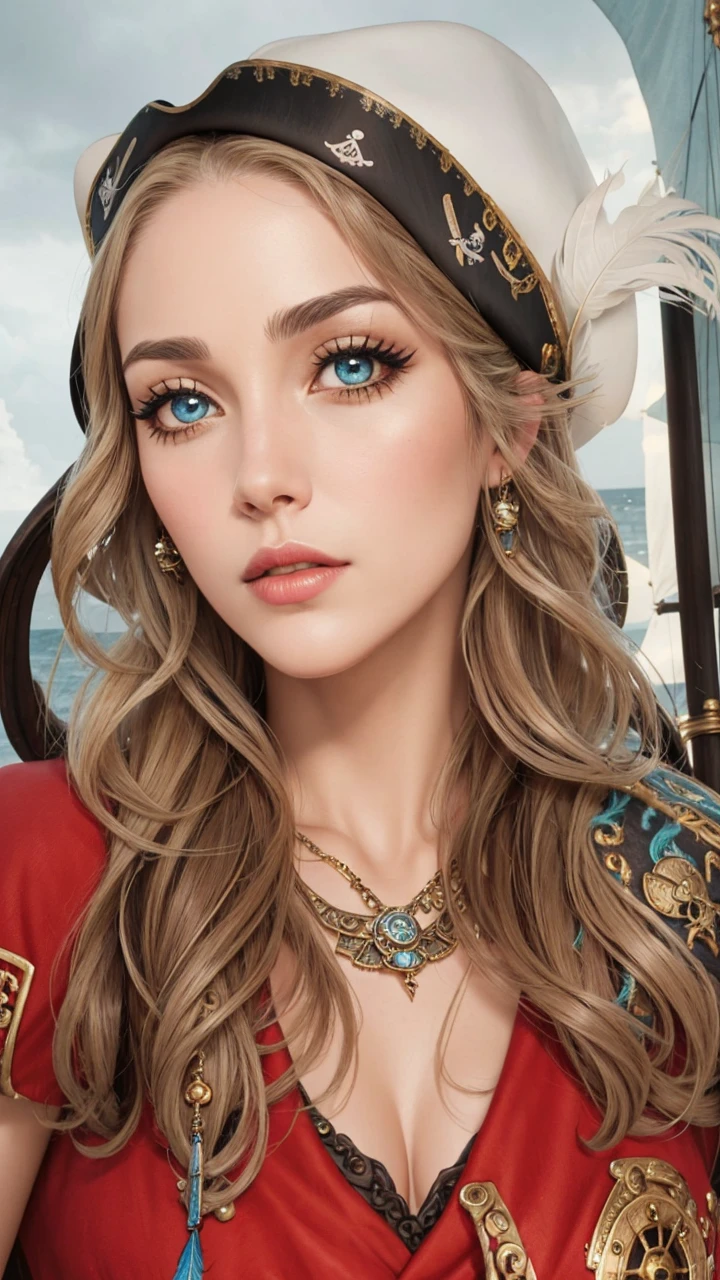 beautiful female pirate with hat, pirate captain, detailed face, beautiful eyes, full lips, long eyelashes, ornate pirate hat, feather in hat, intricate pirate outfit, embroidered coat, shiny jewelry, holding sword, stormy sea background, dramatic lighting, cinematic, vibrant colors, highly detailed, photorealistic