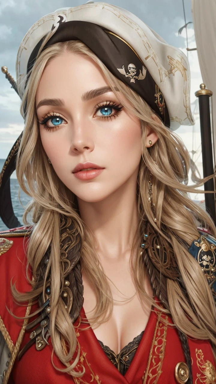 beautiful female pirate with hat, pirate captain, detailed face, beautiful eyes, full lips, long eyelashes, ornate pirate hat, feather in hat, intricate pirate outfit, embroidered coat, shiny jewelry, holding sword, stormy sea background, dramatic lighting, cinematic, vibrant colors, highly detailed, photorealistic