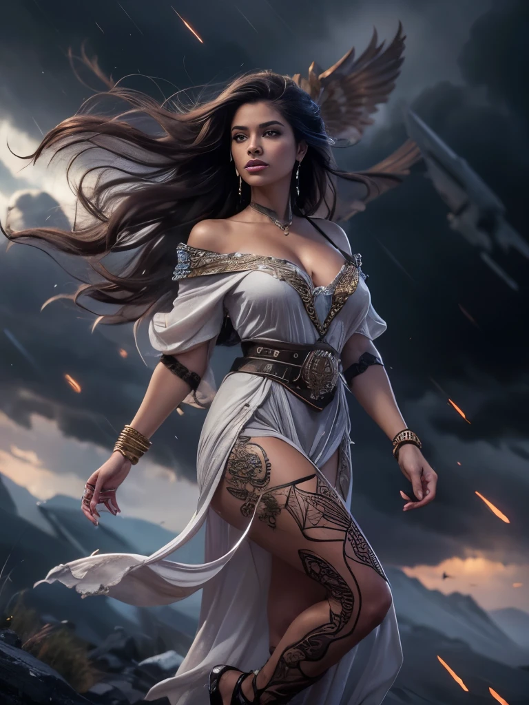 (Masterpiece.uhd.  Oil painting.)Medium full shot. stunning goddess, young woman, age 23. fit body, walking above black storm clouds, detailed face, beautiful eyes, full lips, detailed skin, flowing hair, epic scale, dramatic lighting, fantasy, cinematic, vibrancy, photorealistic, hyper detailed, 8k, masterpiece, award-winning art